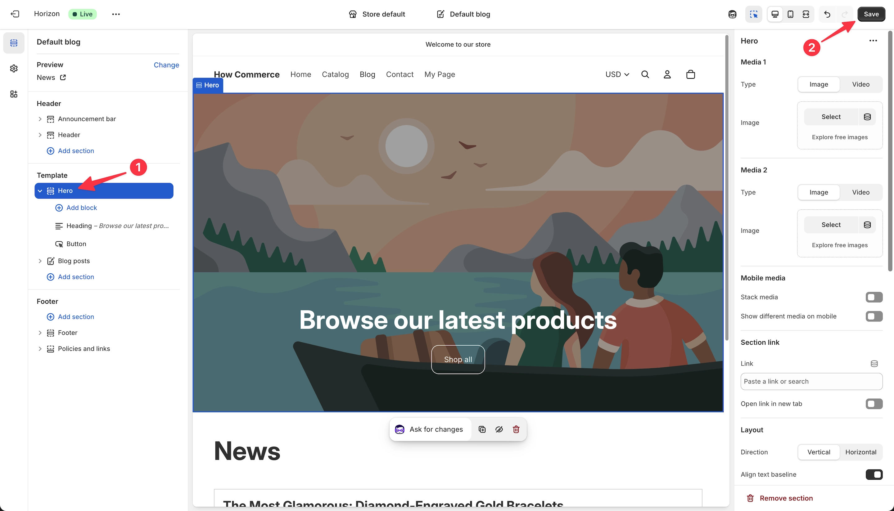 Pasted section inside a section group in the Shopify theme editor