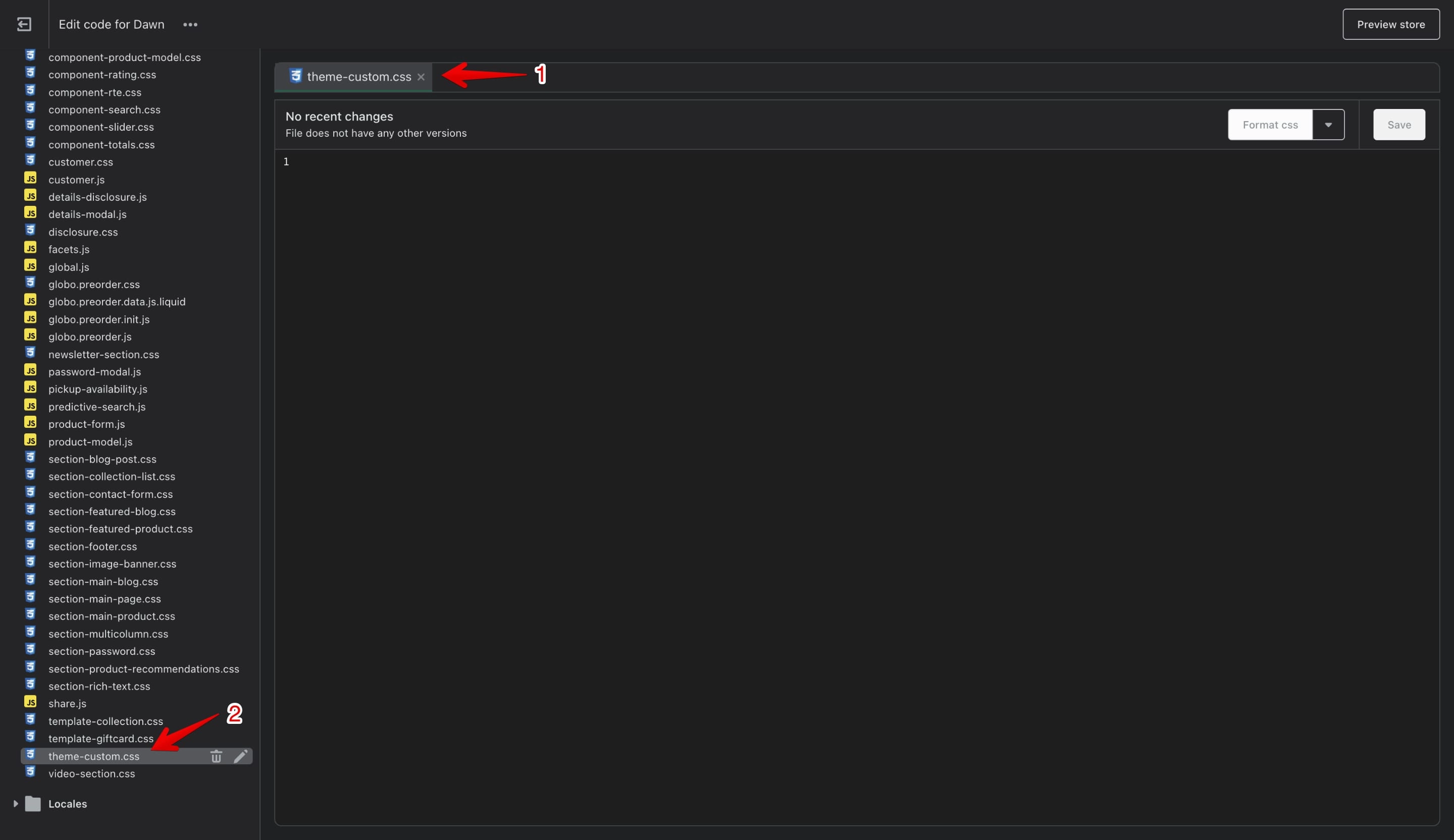 Shopify code editor showing the newly created theme-custom.css file in the Assets folder