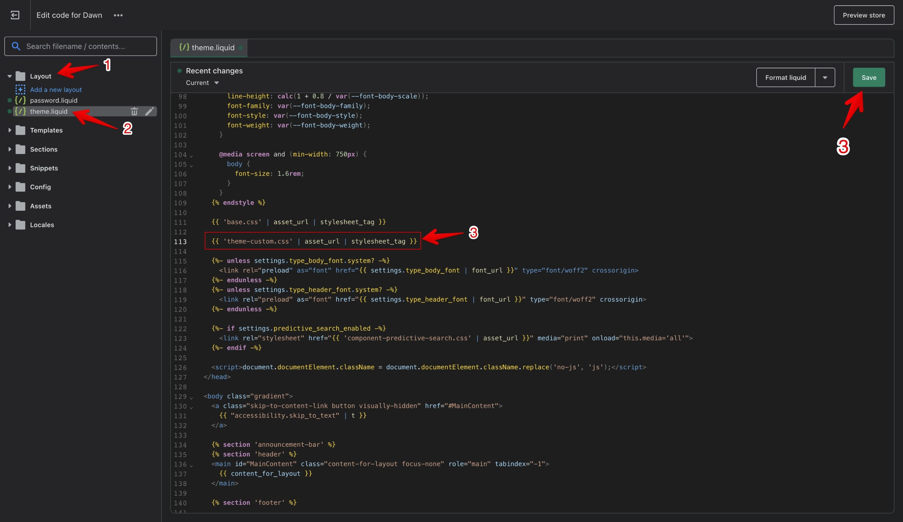 Theme.liquid file showing the custom CSS stylesheet tag integration in the header section