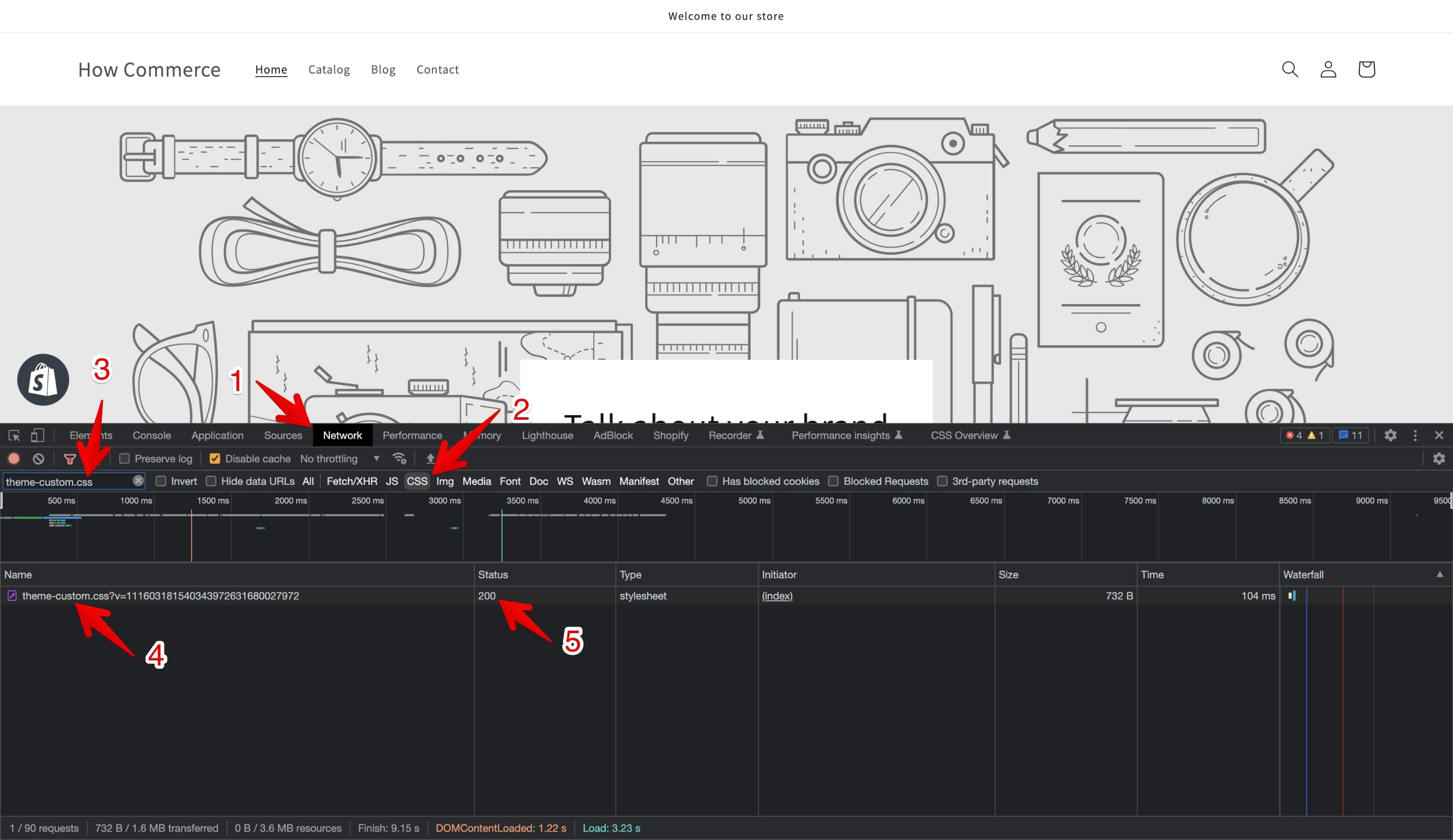 Chrome Developer Tools Network tab showing the theme-custom.css file loaded with status 200