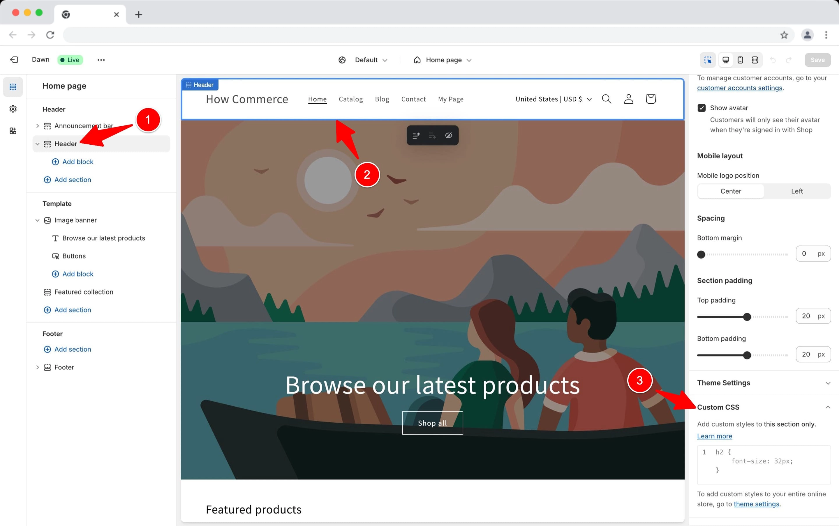 The Custom CSS code box inside the Shopify theme editor