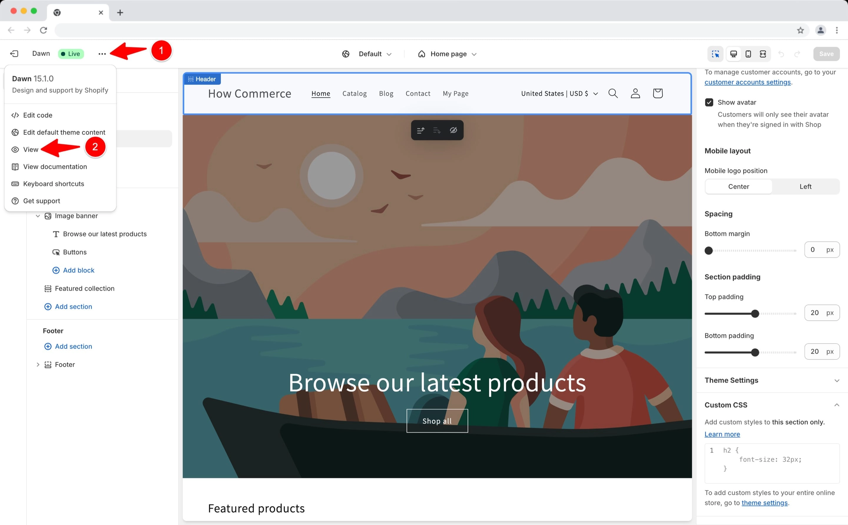 The View storefront link inside the theme editor