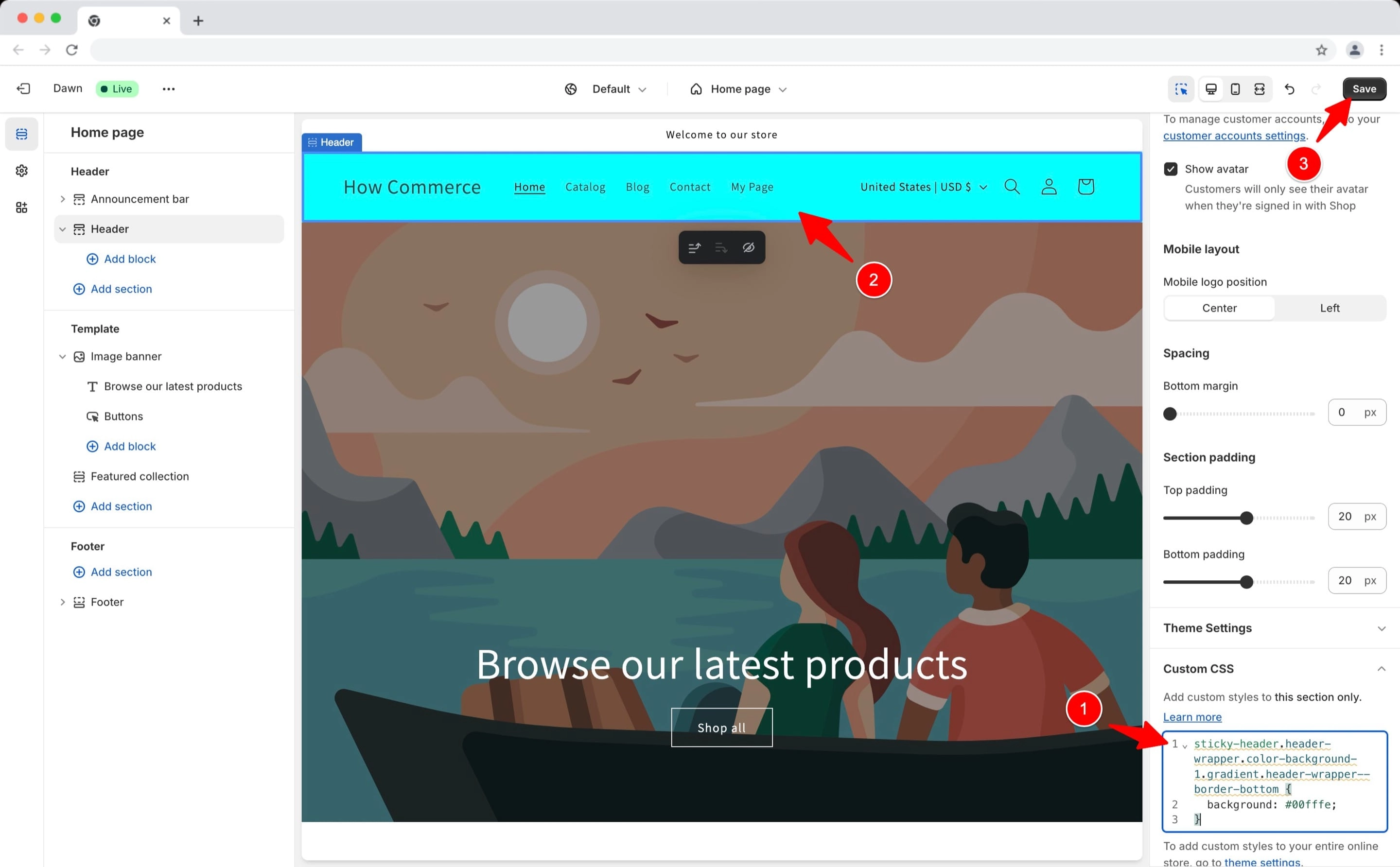 New CSS code inside the Custom CSS code box on the Shopify theme editor
