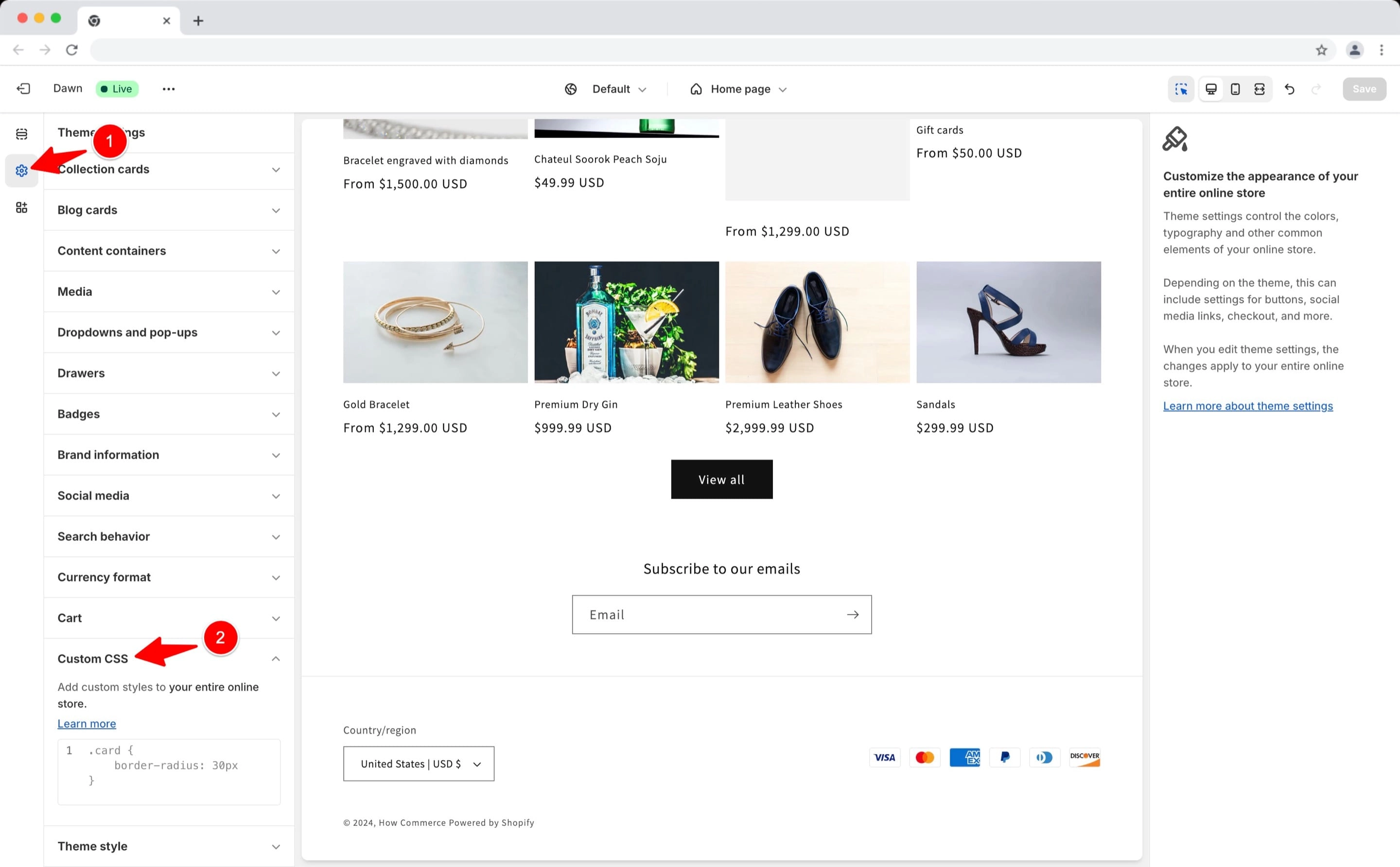 The global Custom CSS box inside the Shopify theme editor
