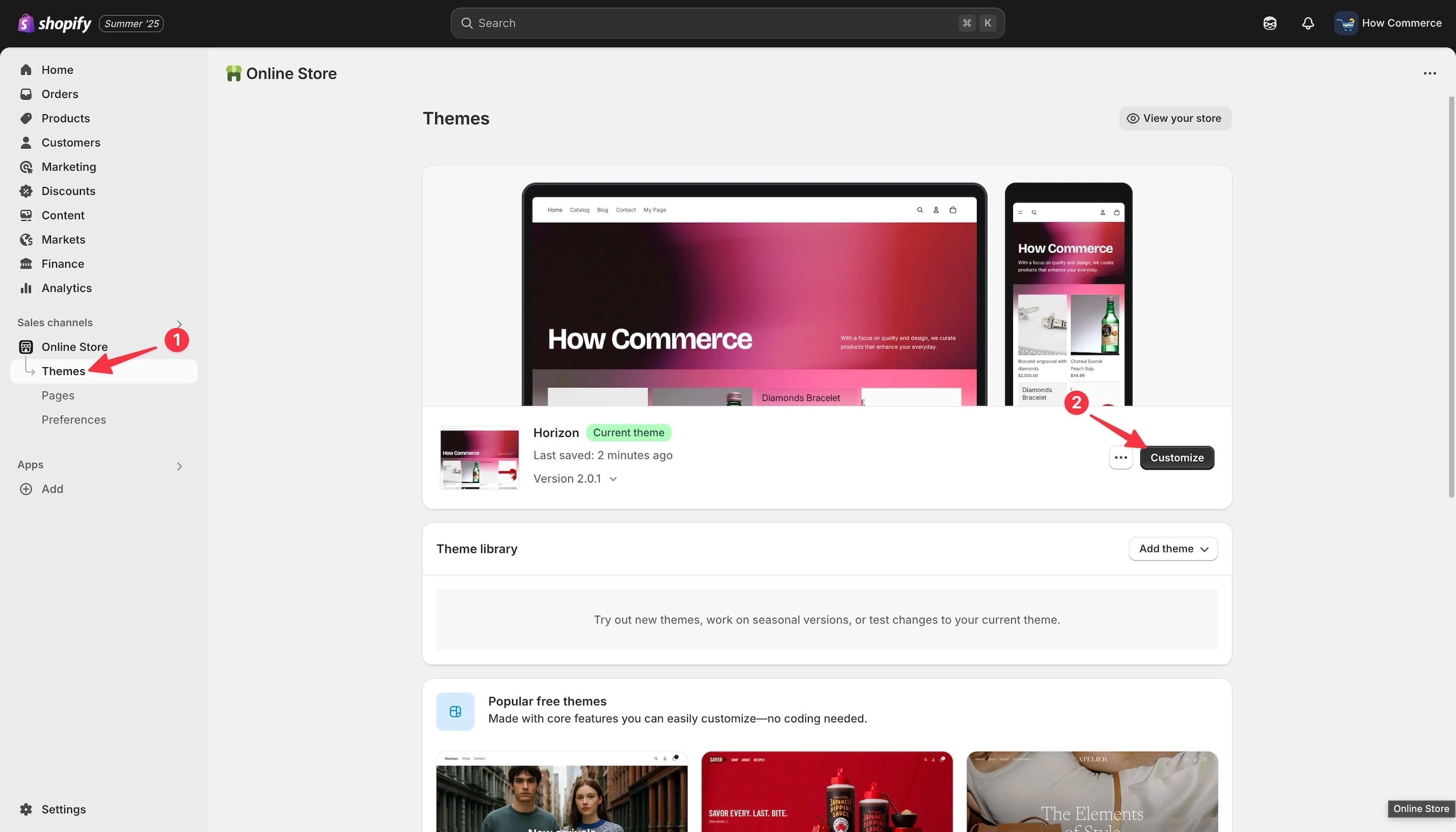 Shopify themes listing page in admin.