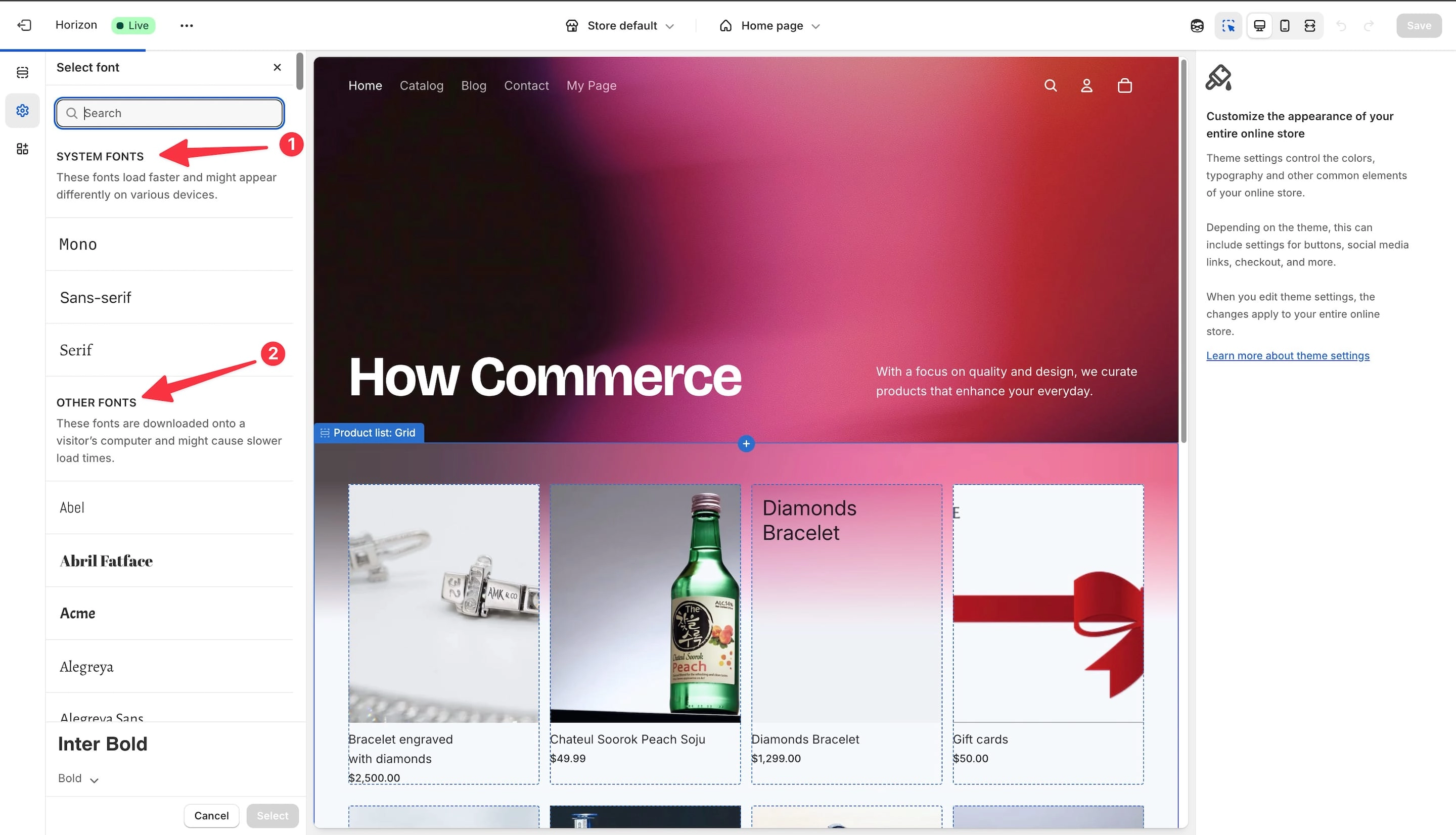Type of fonts in Shopify font picker.