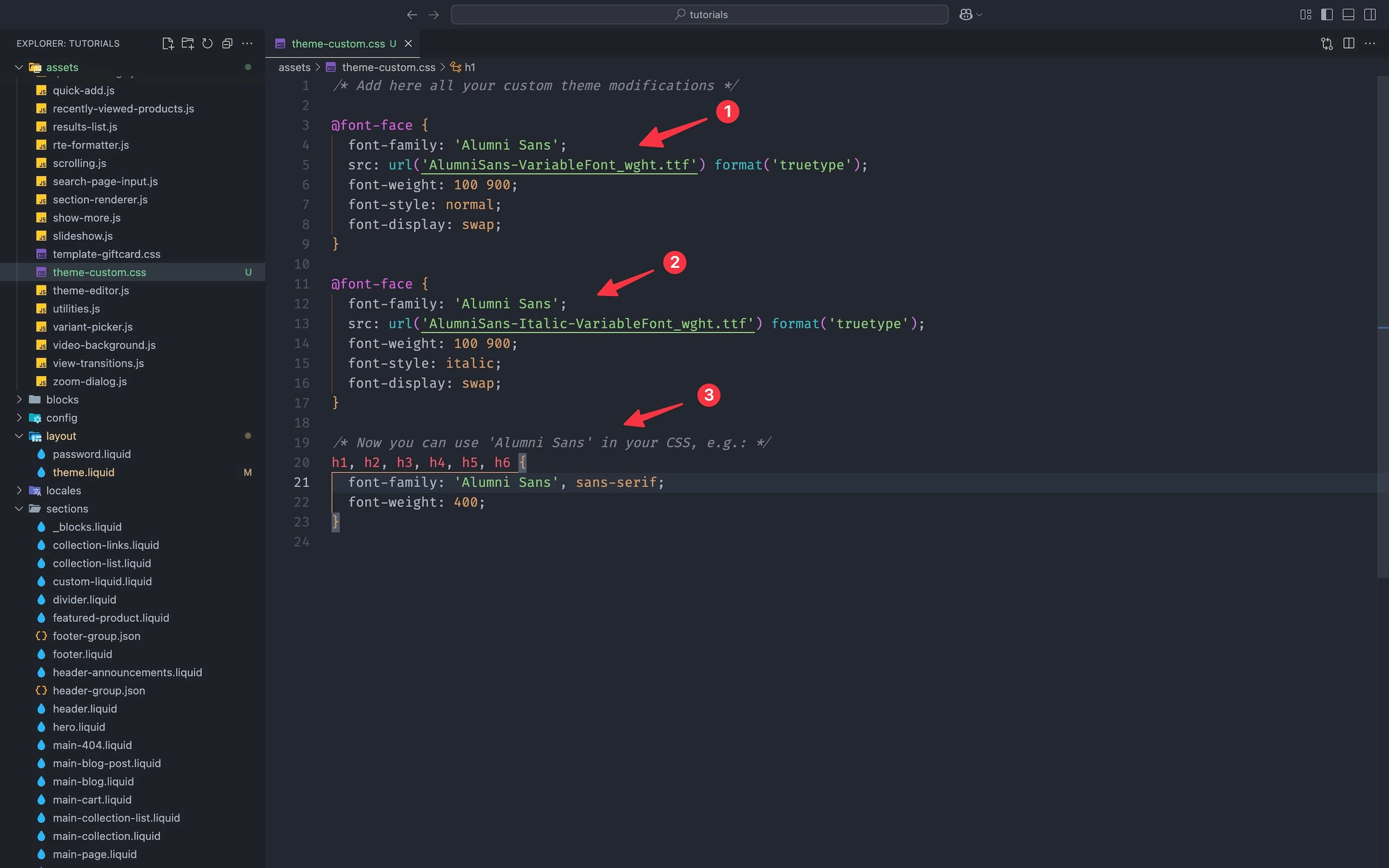 Custom font CSS code with custom font to override default font in a Shopify theme.