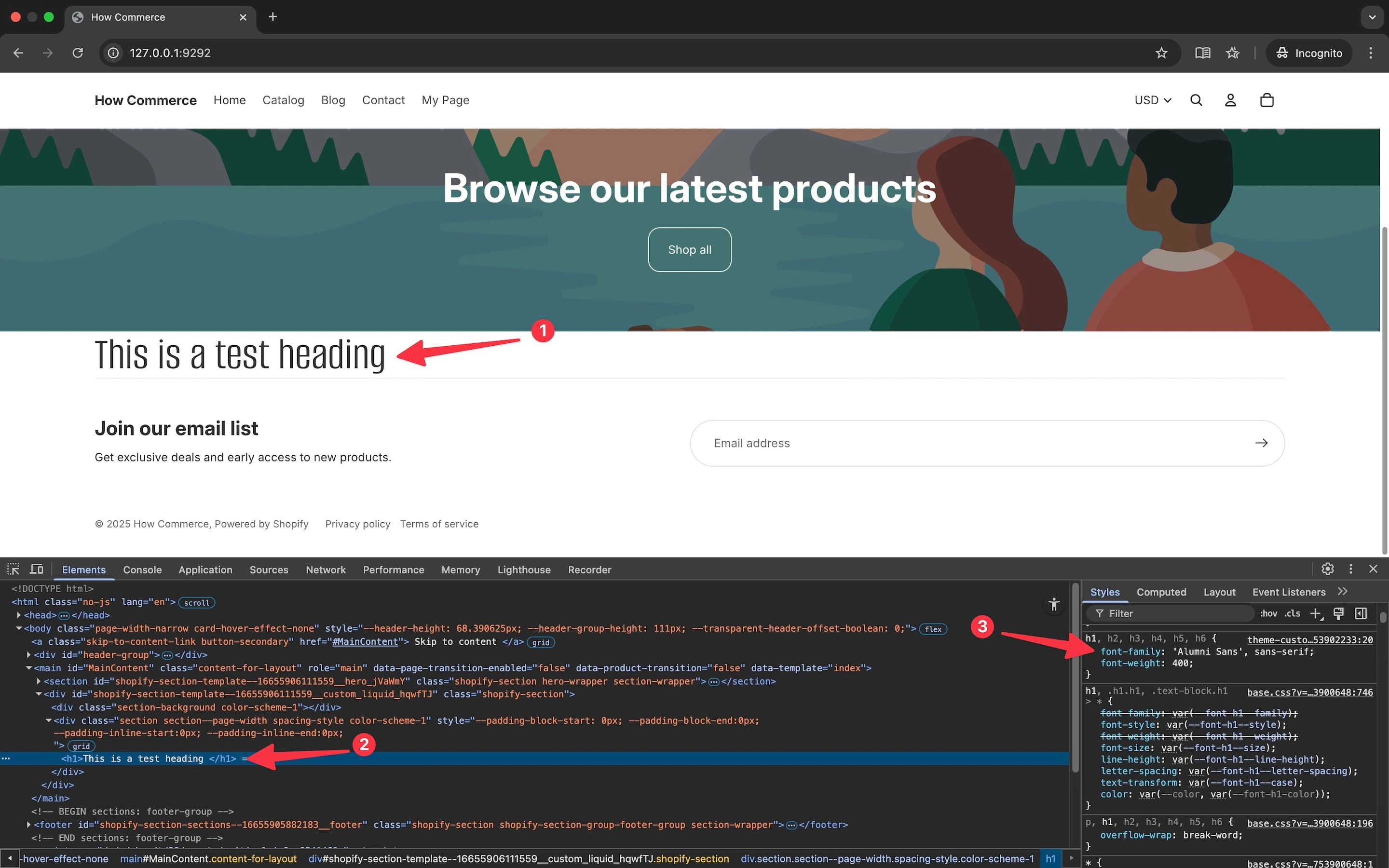 Test custom font overrides in a Shopify theme.