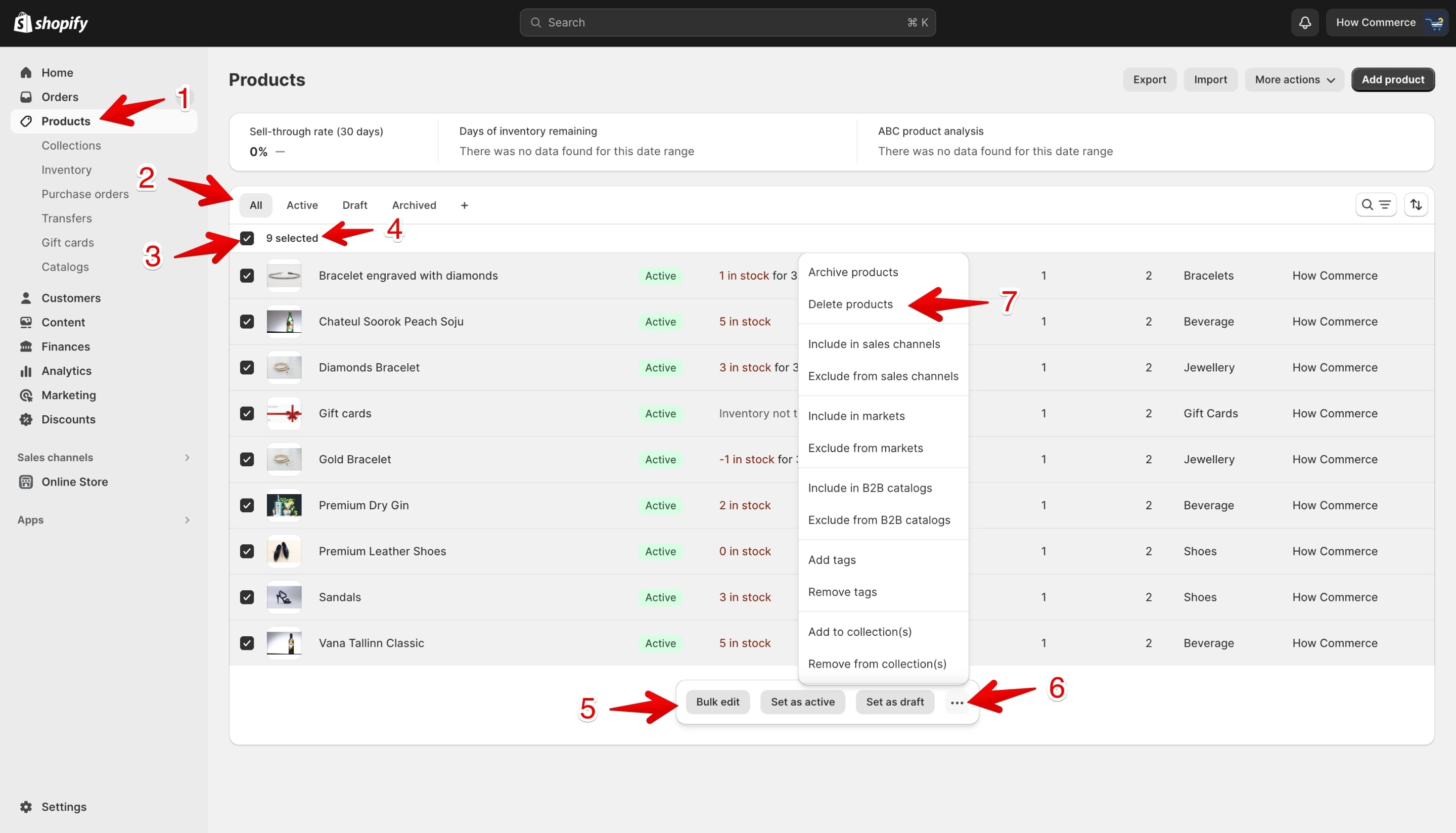 Shopify products listing page with selection options highlighted