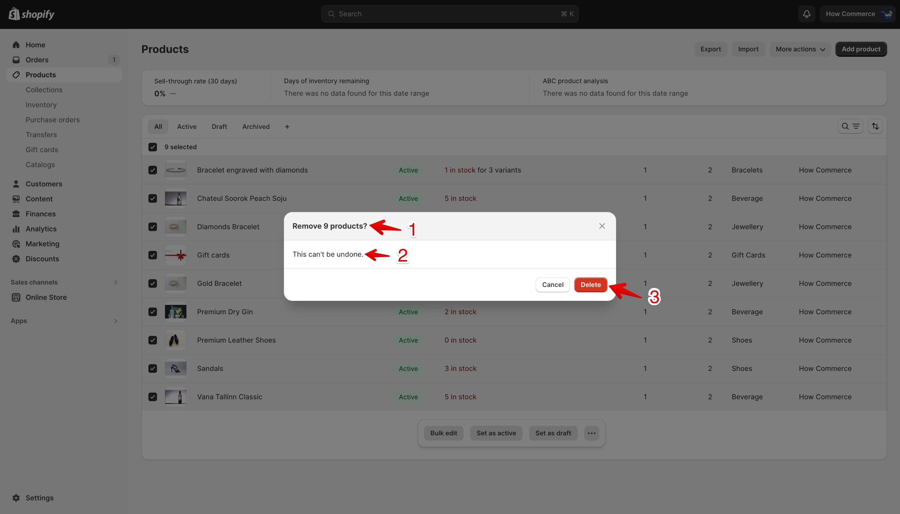Shopify delete confirmation pop-up showing the warning message