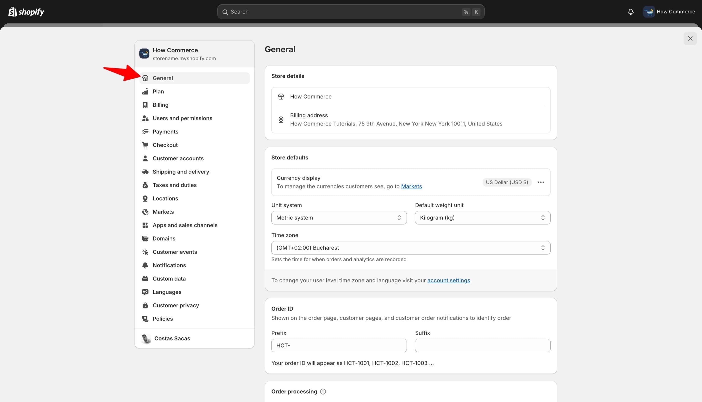 Shopify “General” tab on the “Settings” page.