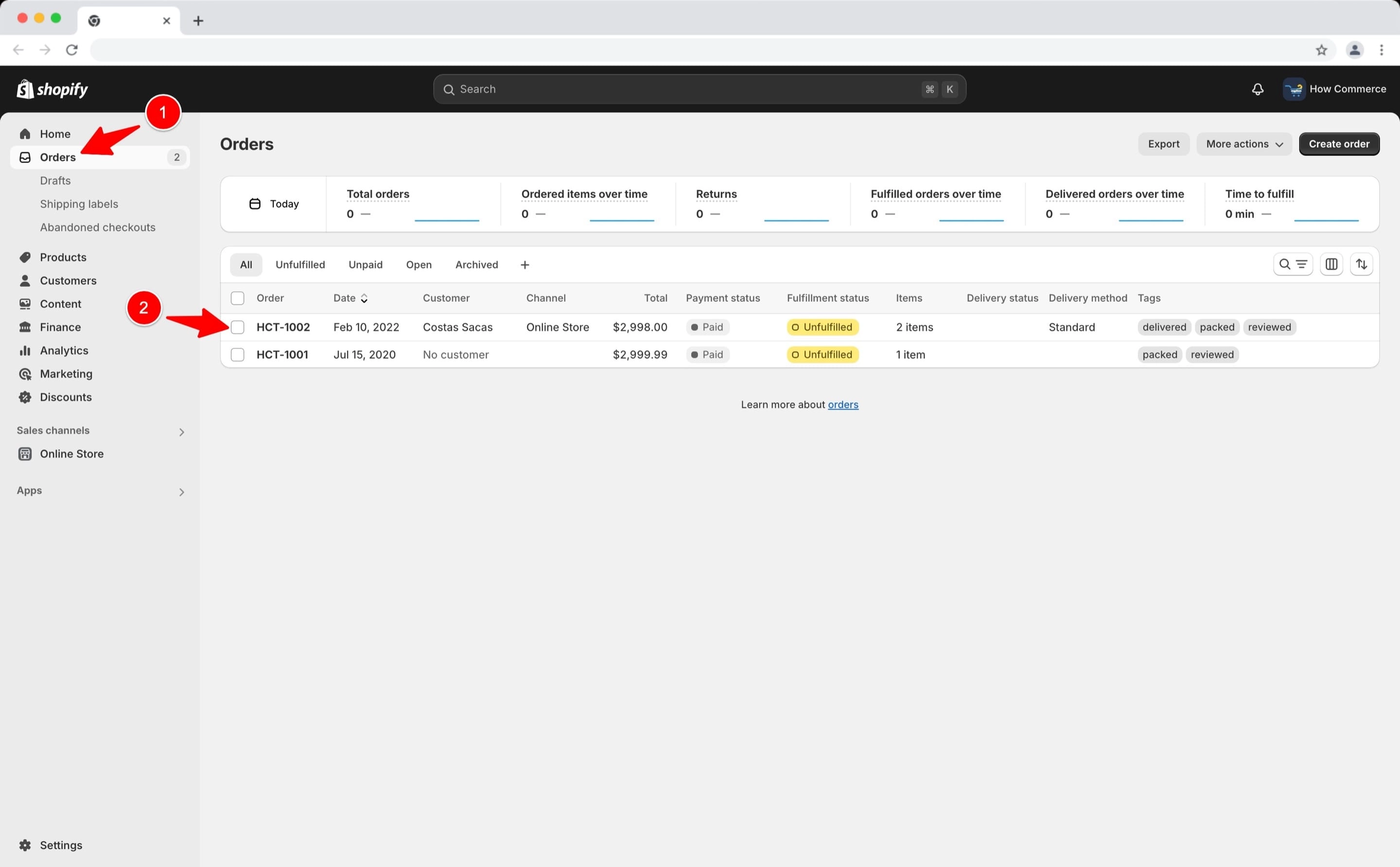 Shopify “Orders” listing page.