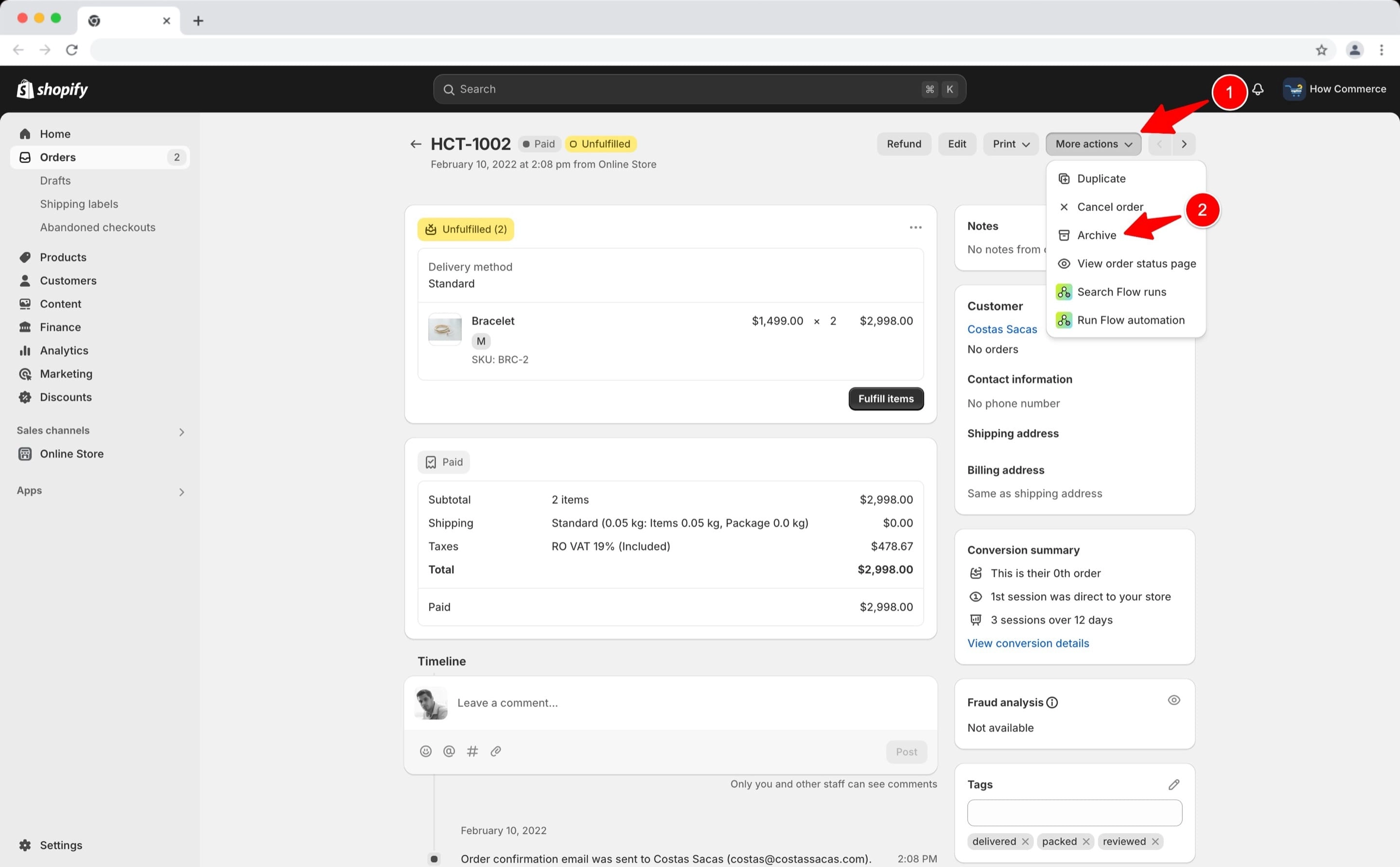 Archive a Shopify order on the order page.