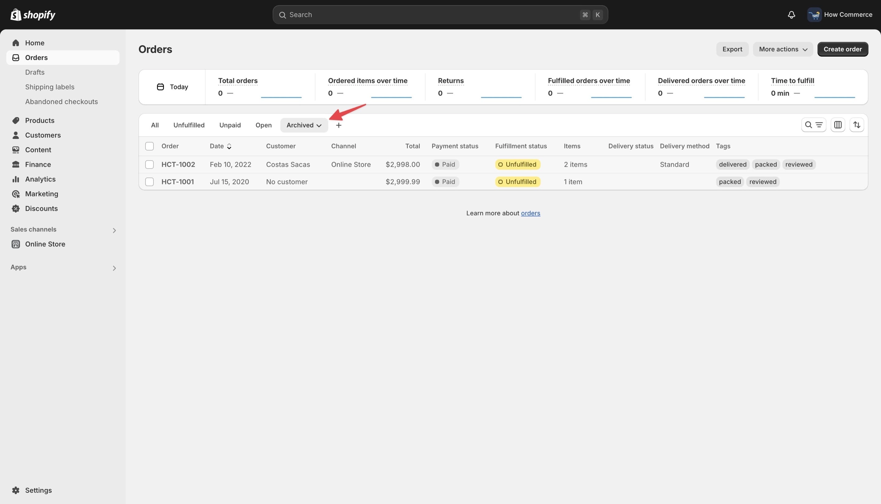 Archived orders listing on the “Archived” view.