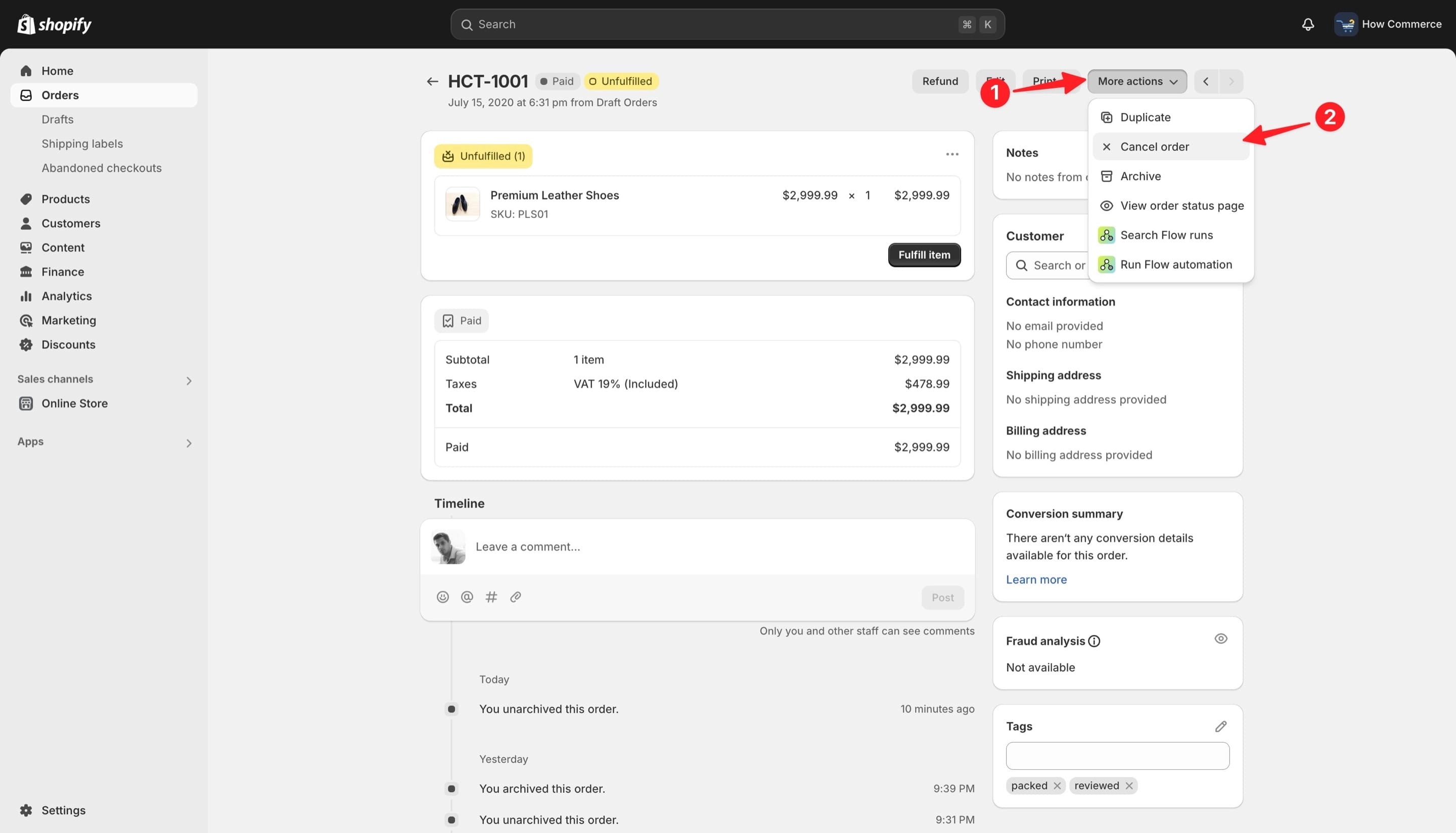 Cancel order on Shopify.