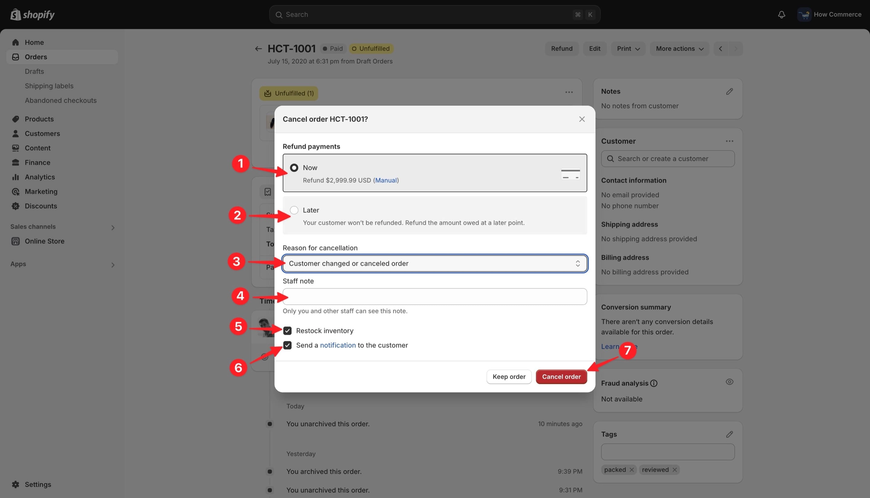 Order cancellation pop-up in Shopify.