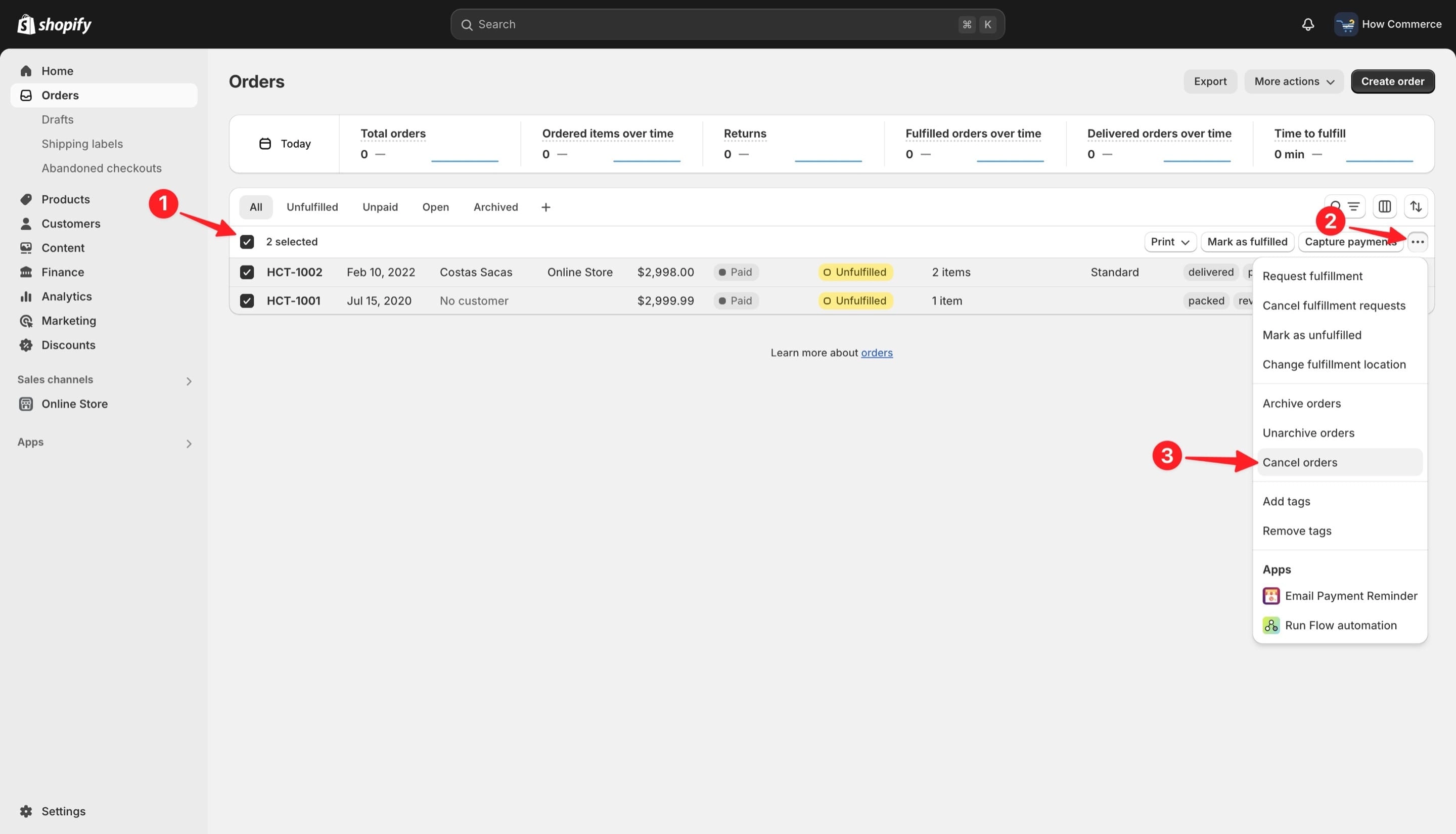 Cancel orders in bulk in Shopify.