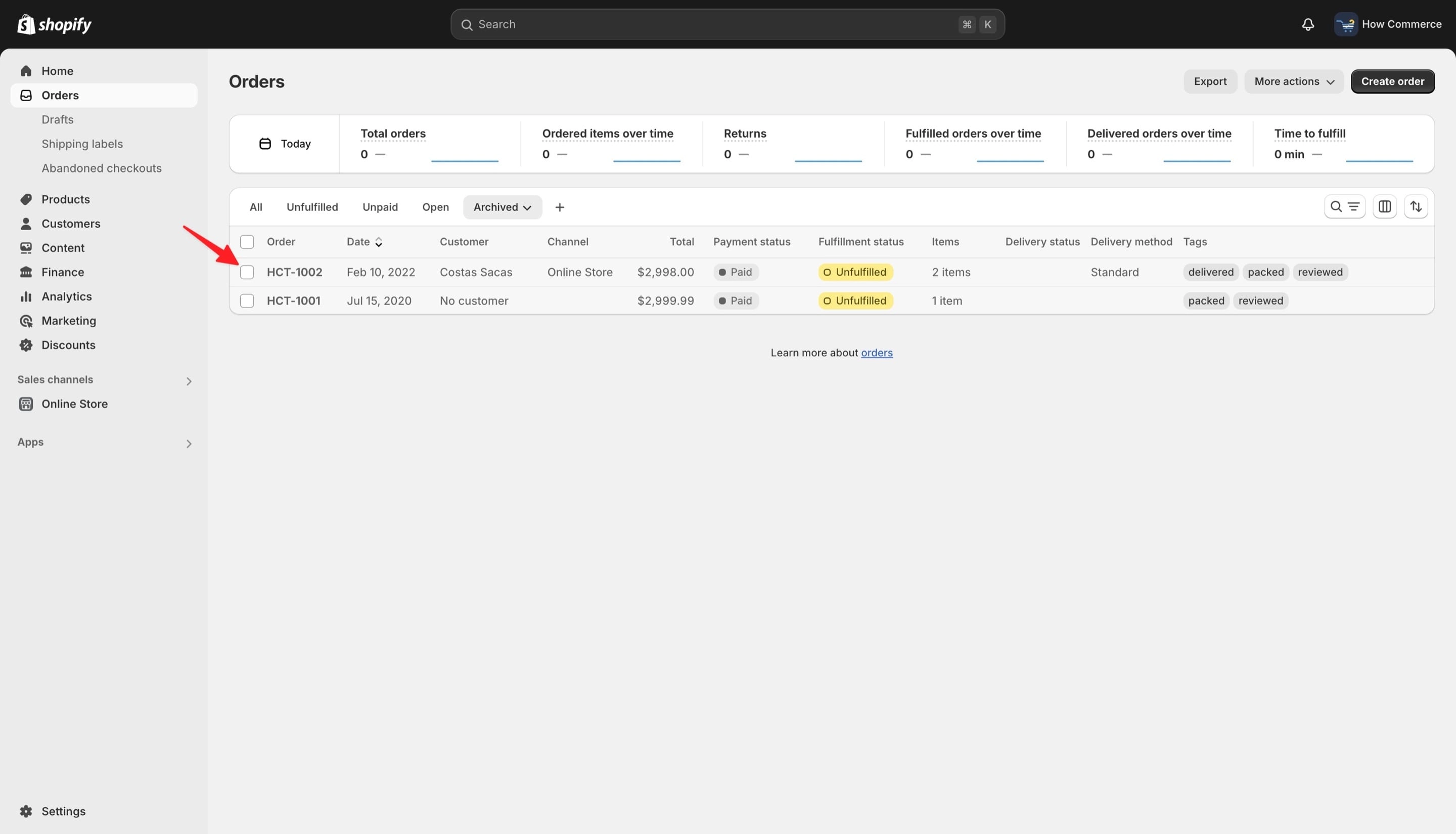 Select order on the order listing page in Shopify.