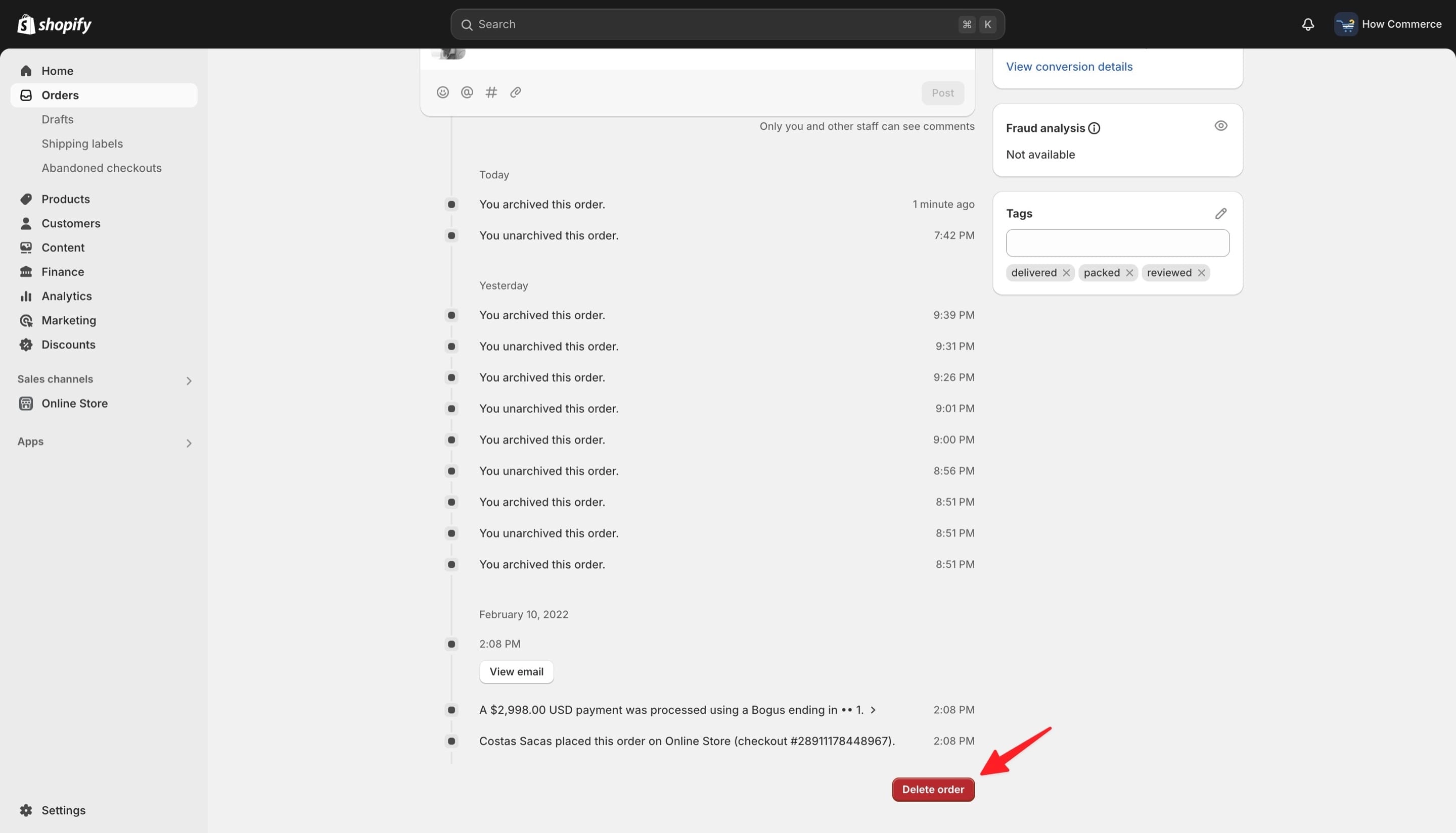Delete order on the order page in Shopify.