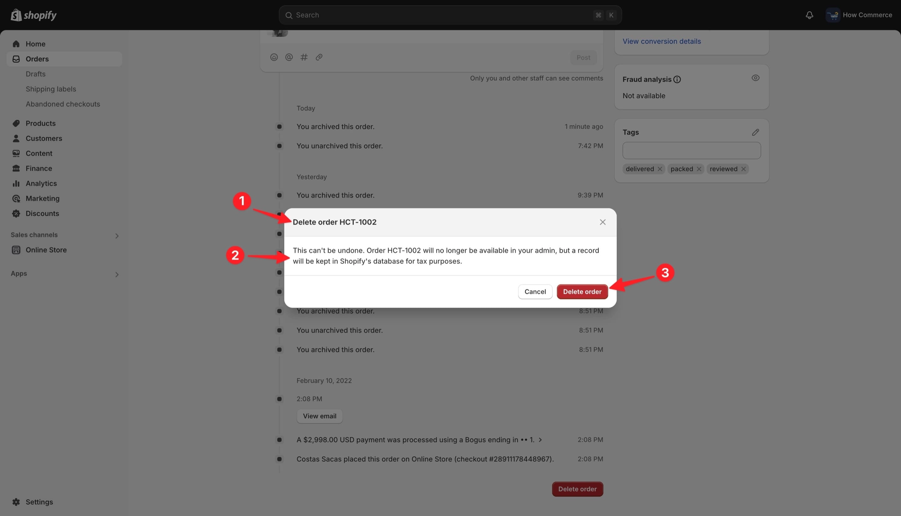Order deletion confirmation in Shopify.