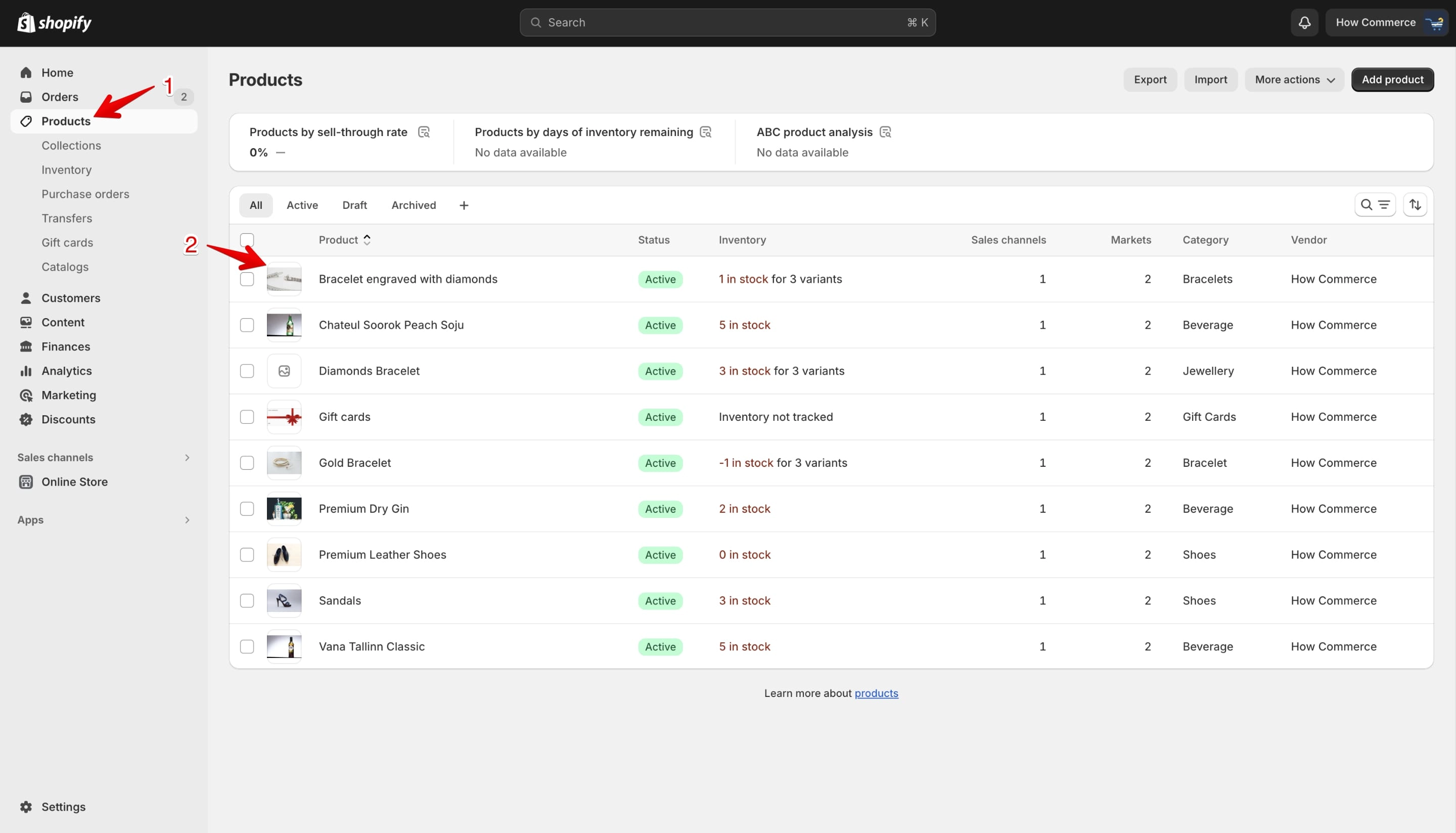 Shopify's Products listing page