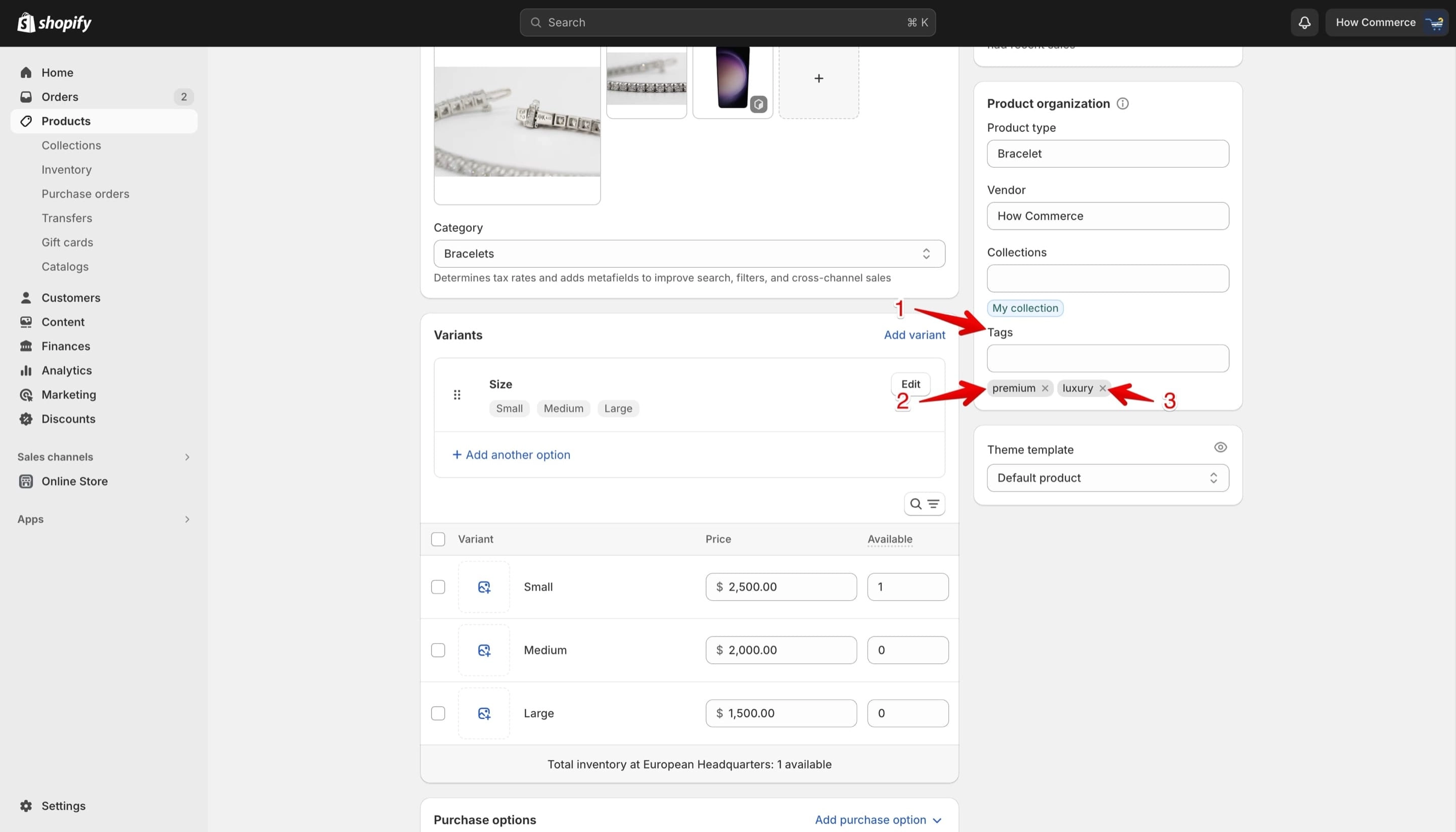 Shopify's tag listing on the Product page