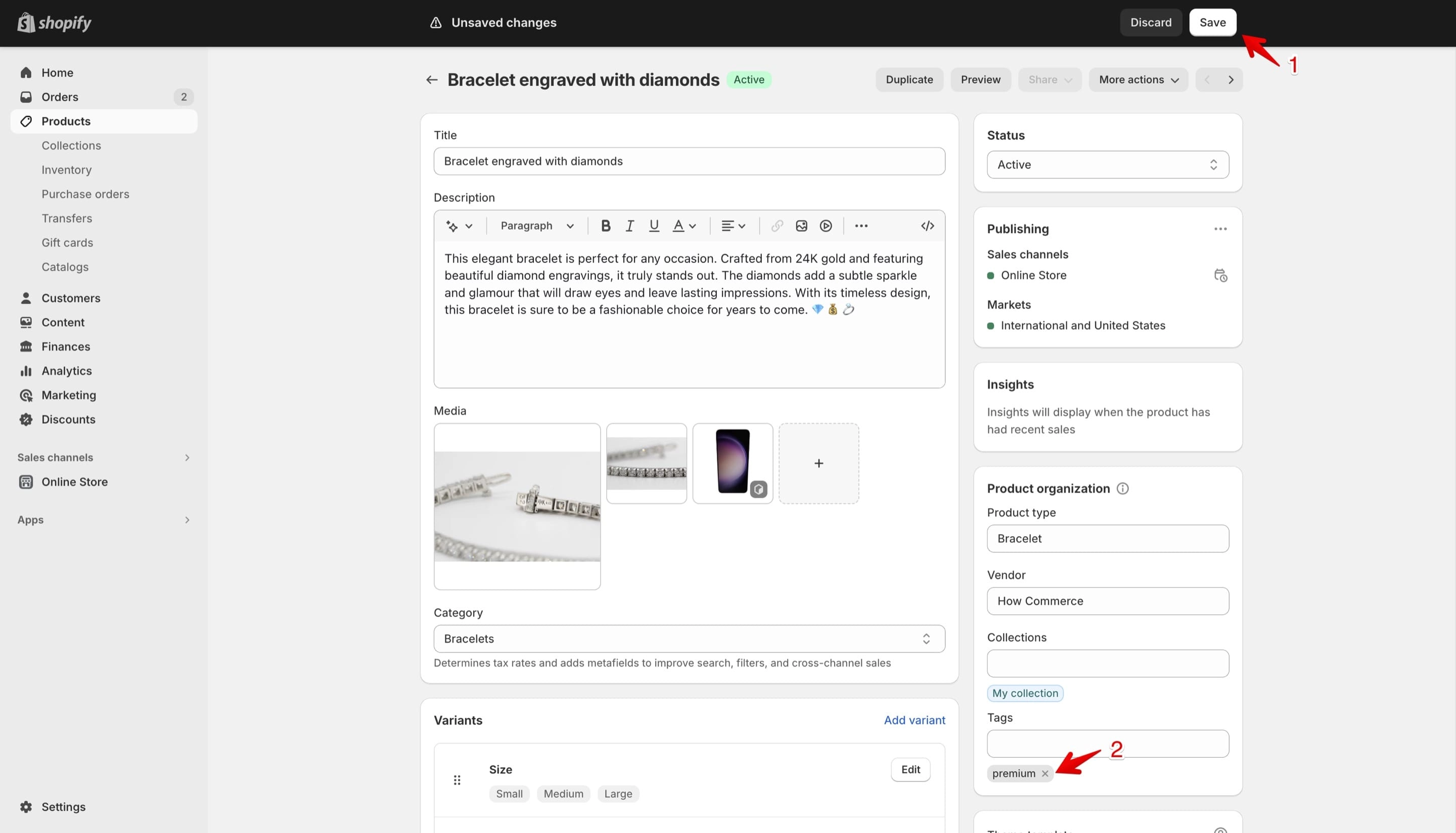 Shopify's tag listing after saving on the Product page
