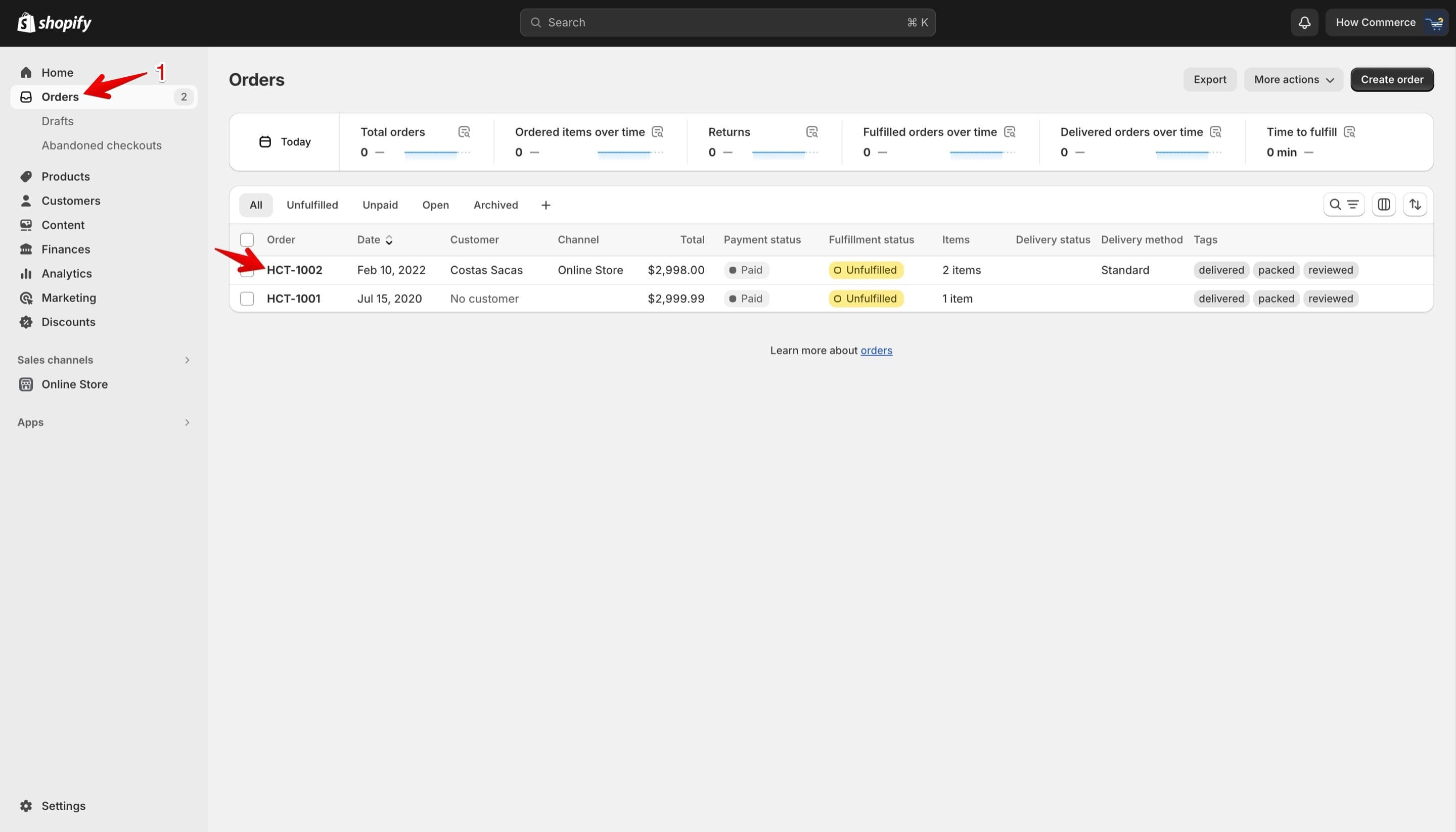 Shopify's Orders listing page