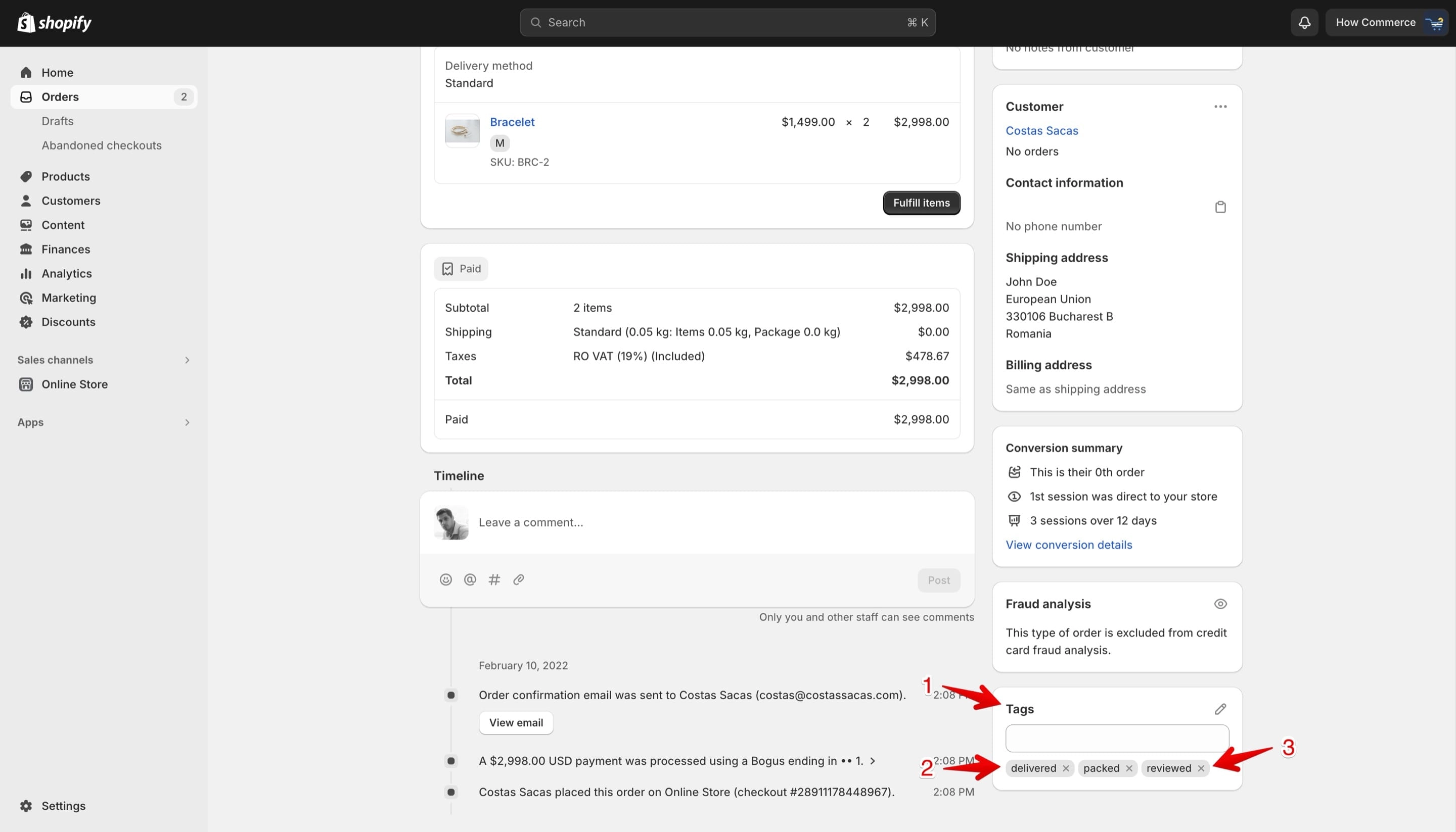 Shopify's tag listing on the Orders page