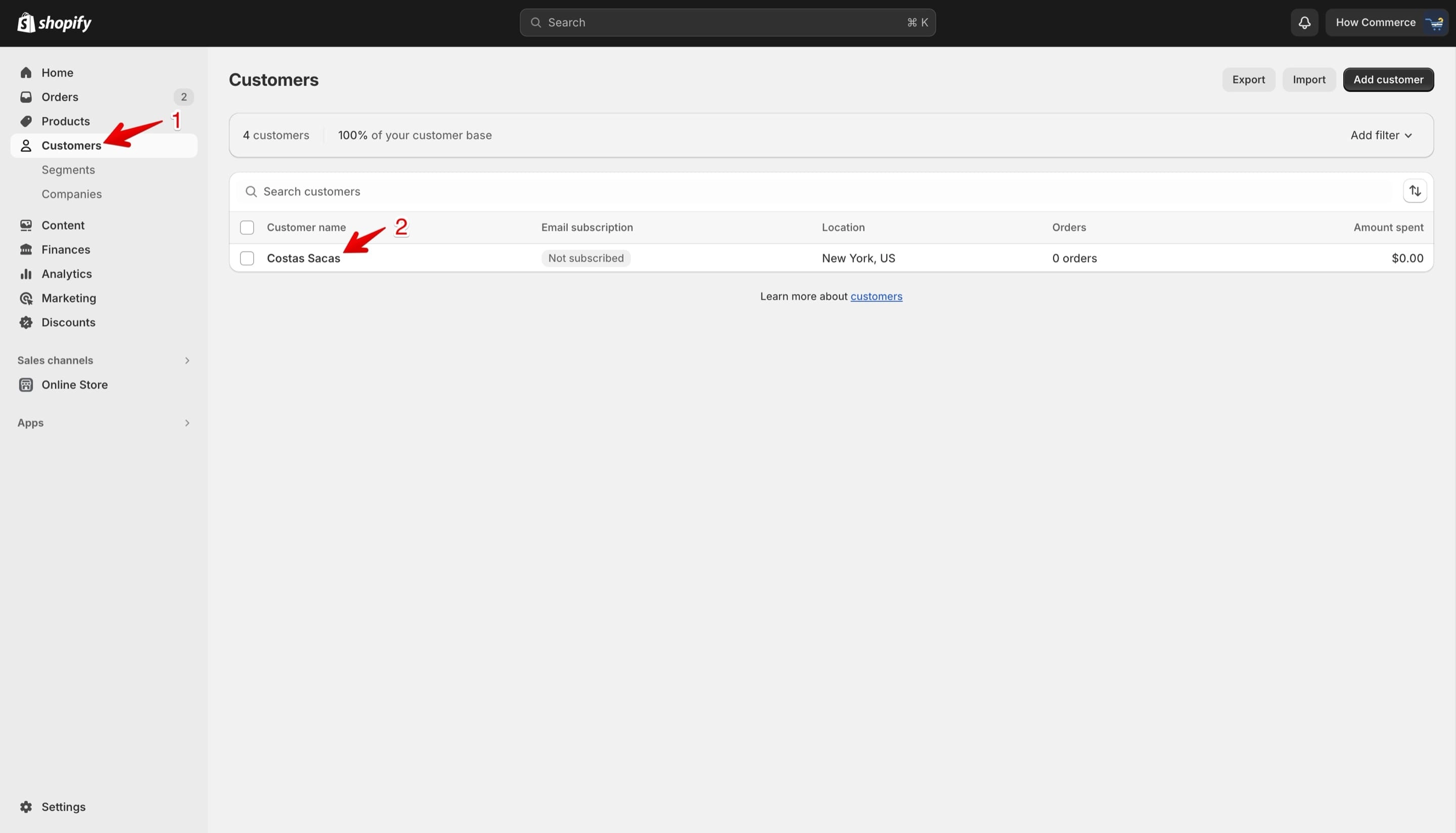 Shopify's Customers listing page