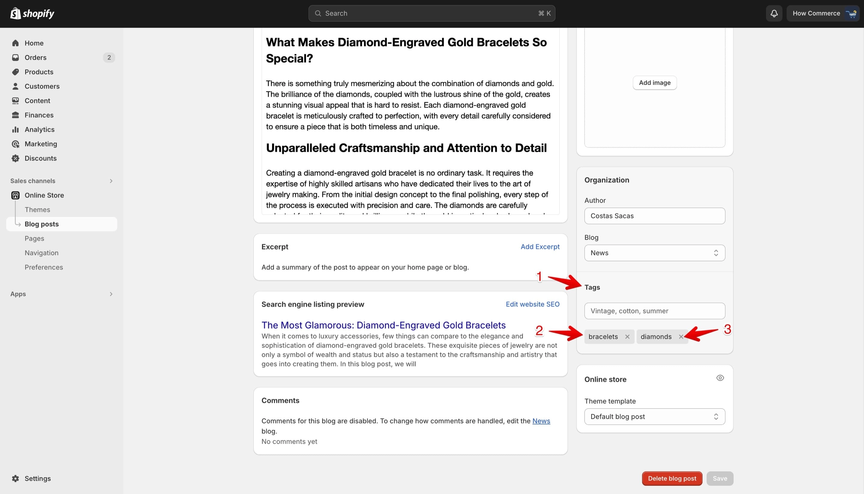 Shopify's tag listing on the Blog post page