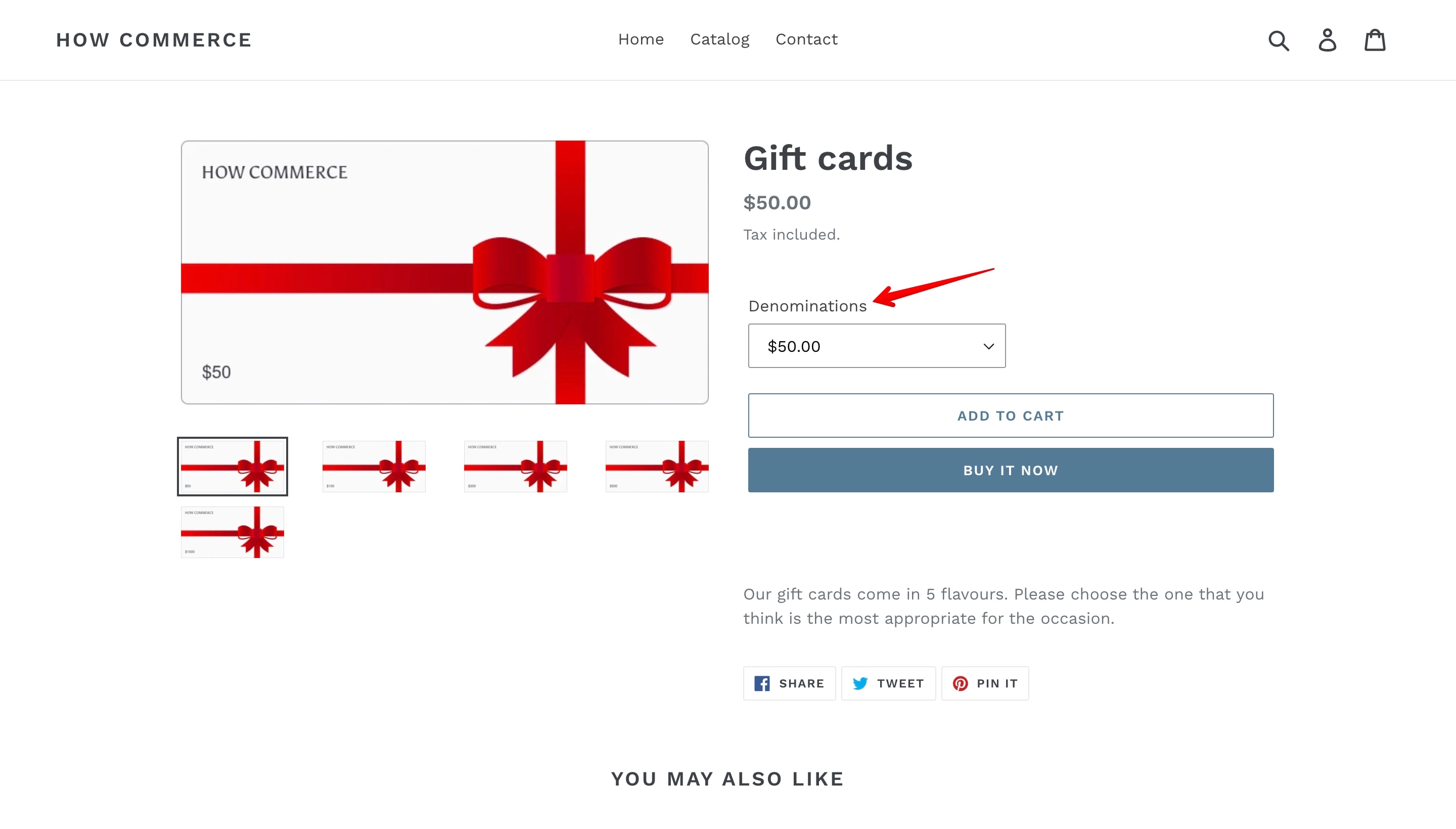 Denominations label on the Shopify product page