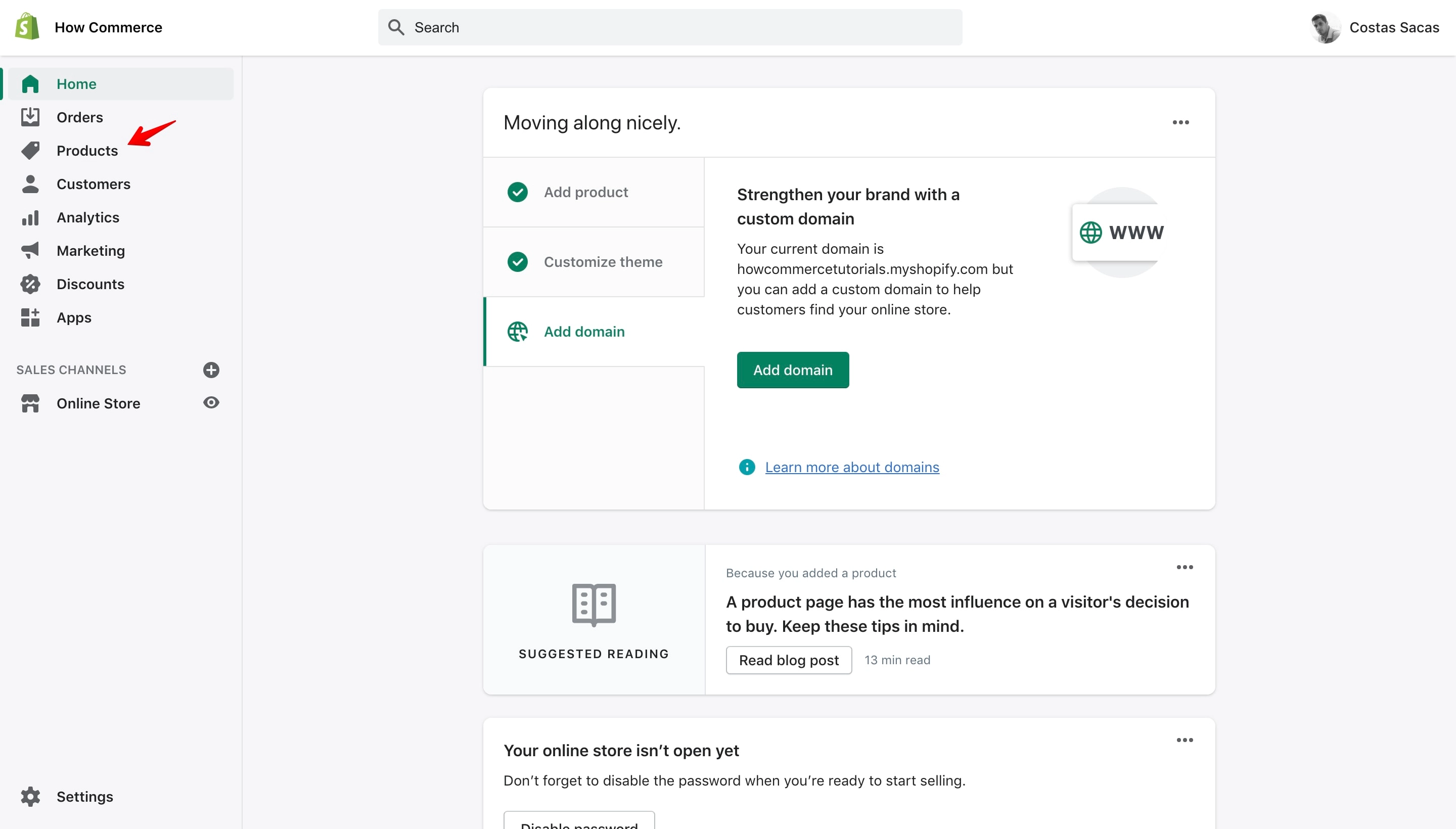 Shopify dashboard page