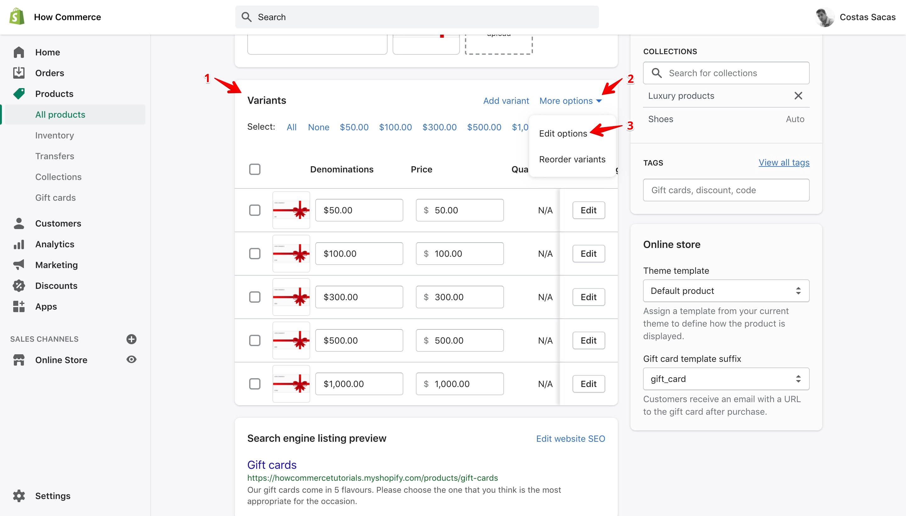 Shopify variants section on the product edit page