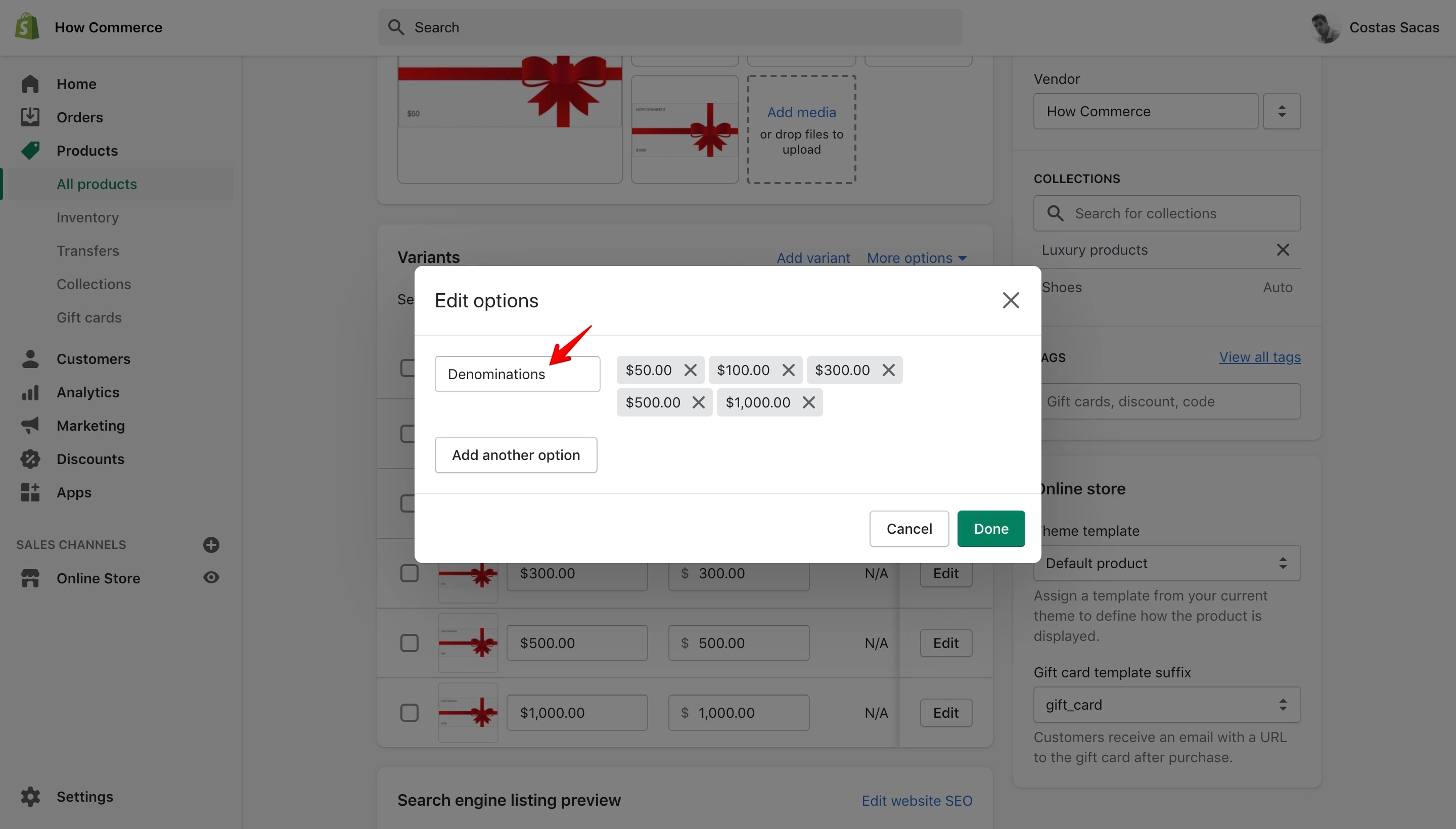 Denominations input box