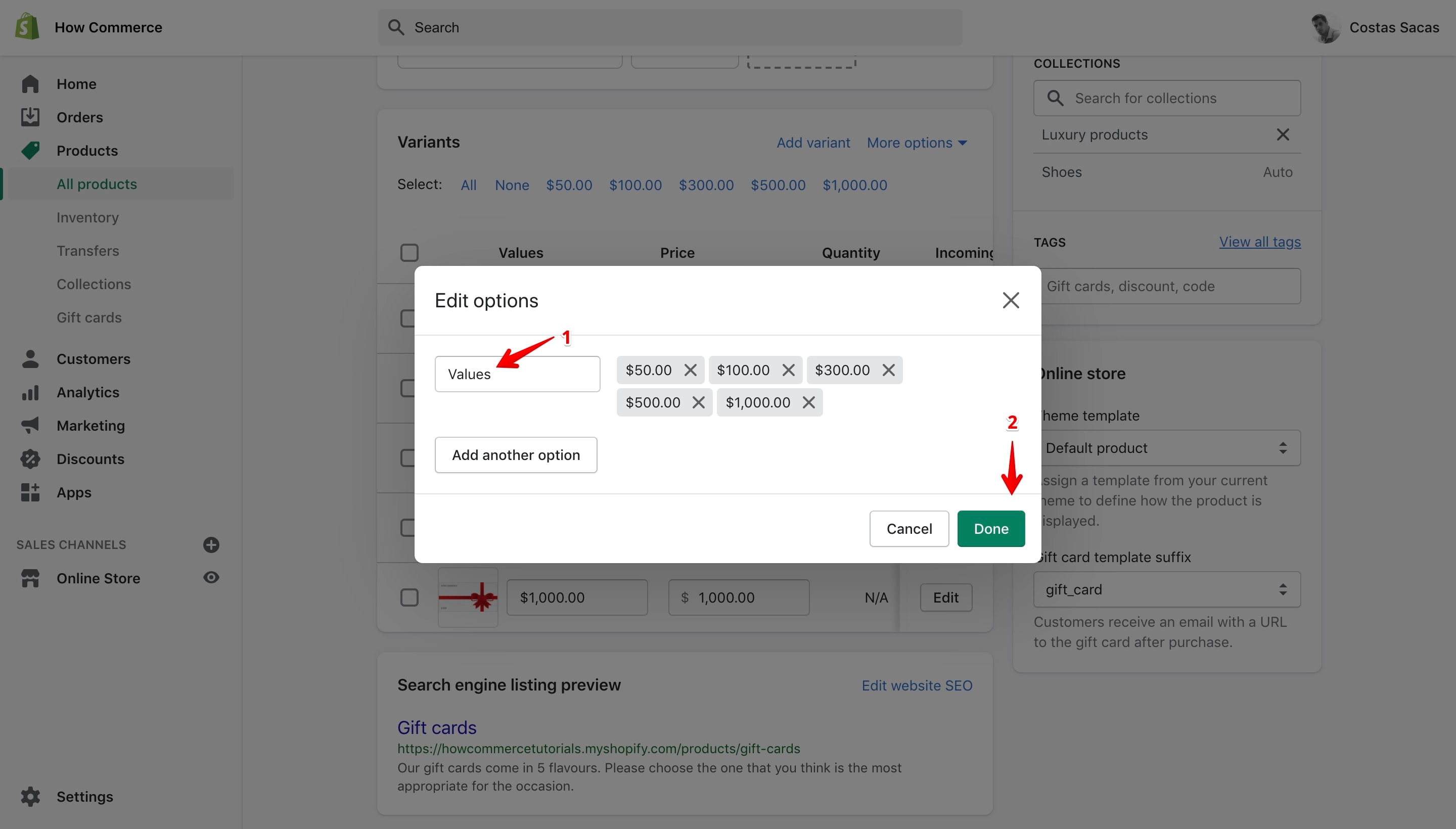 Gift card Denominations value changes inside the input box