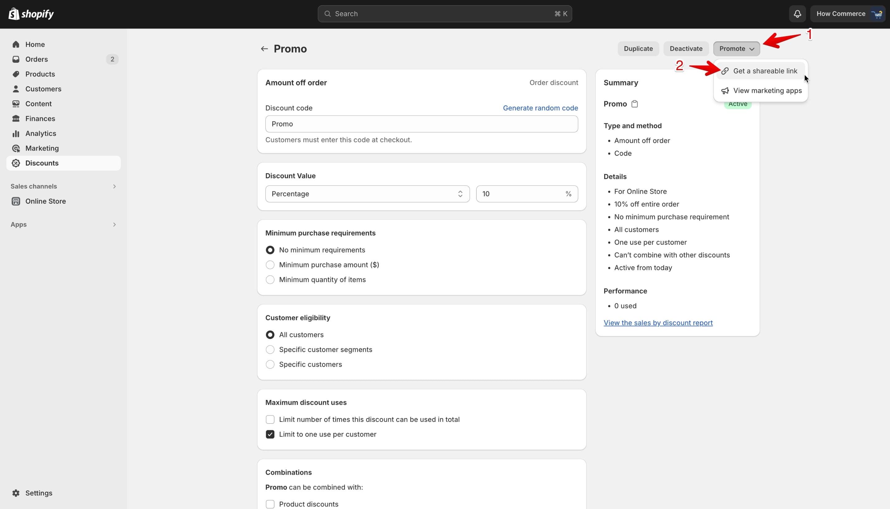 Configuring and sharing a discount in Shopify
