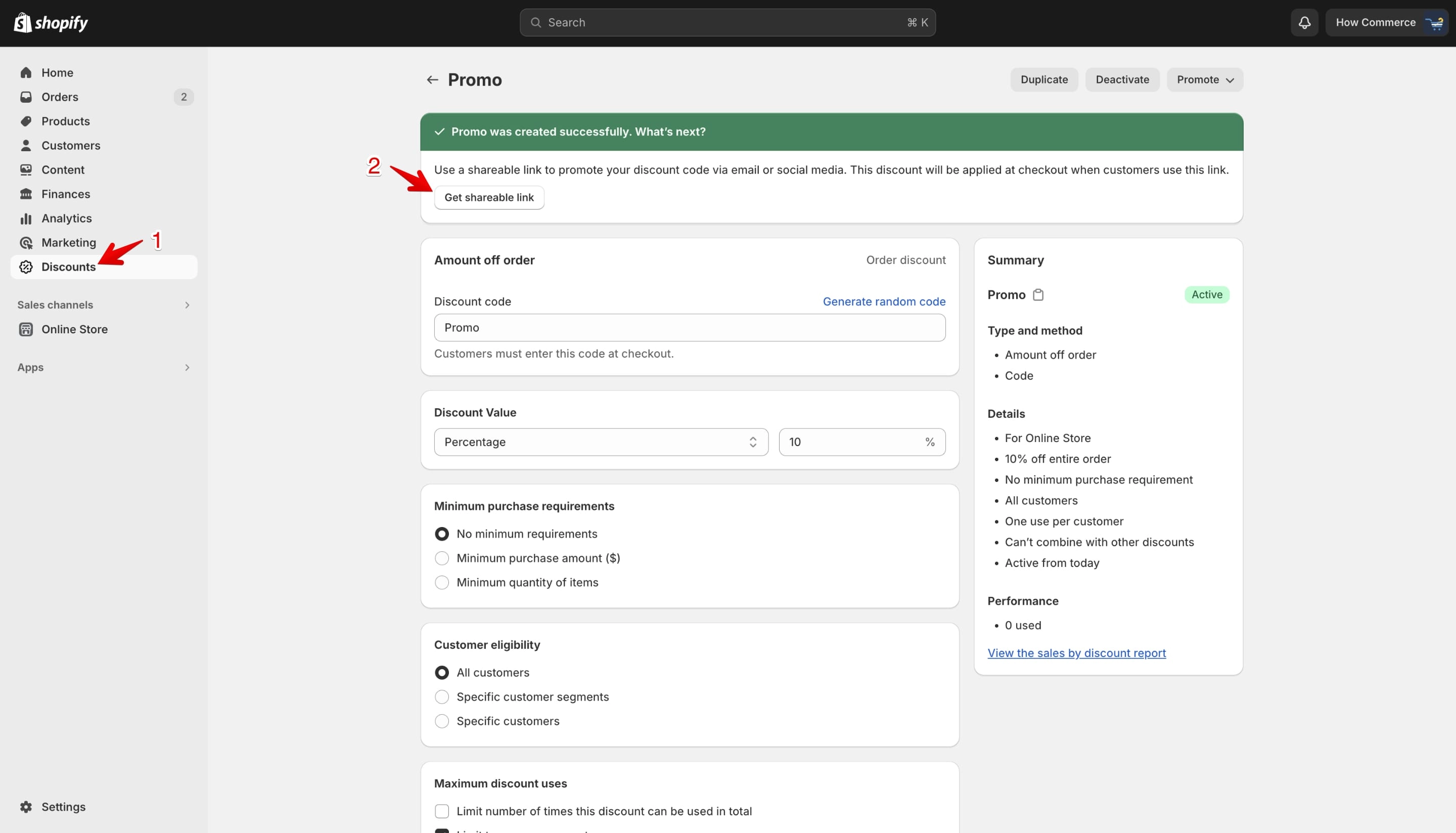Shareable link inside the successfully created discount in Shopify