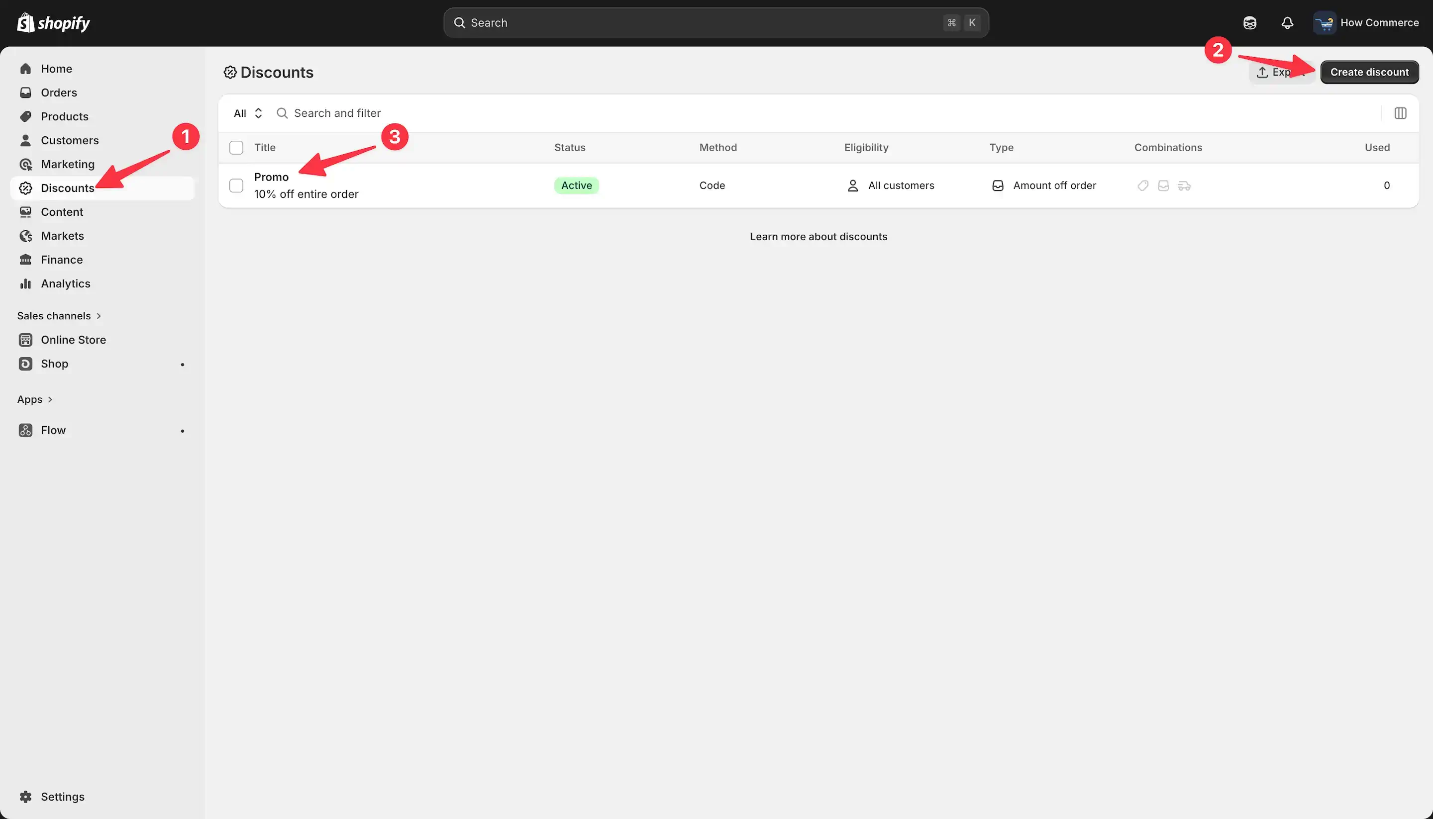 Shopify discount listing page showing active discounts