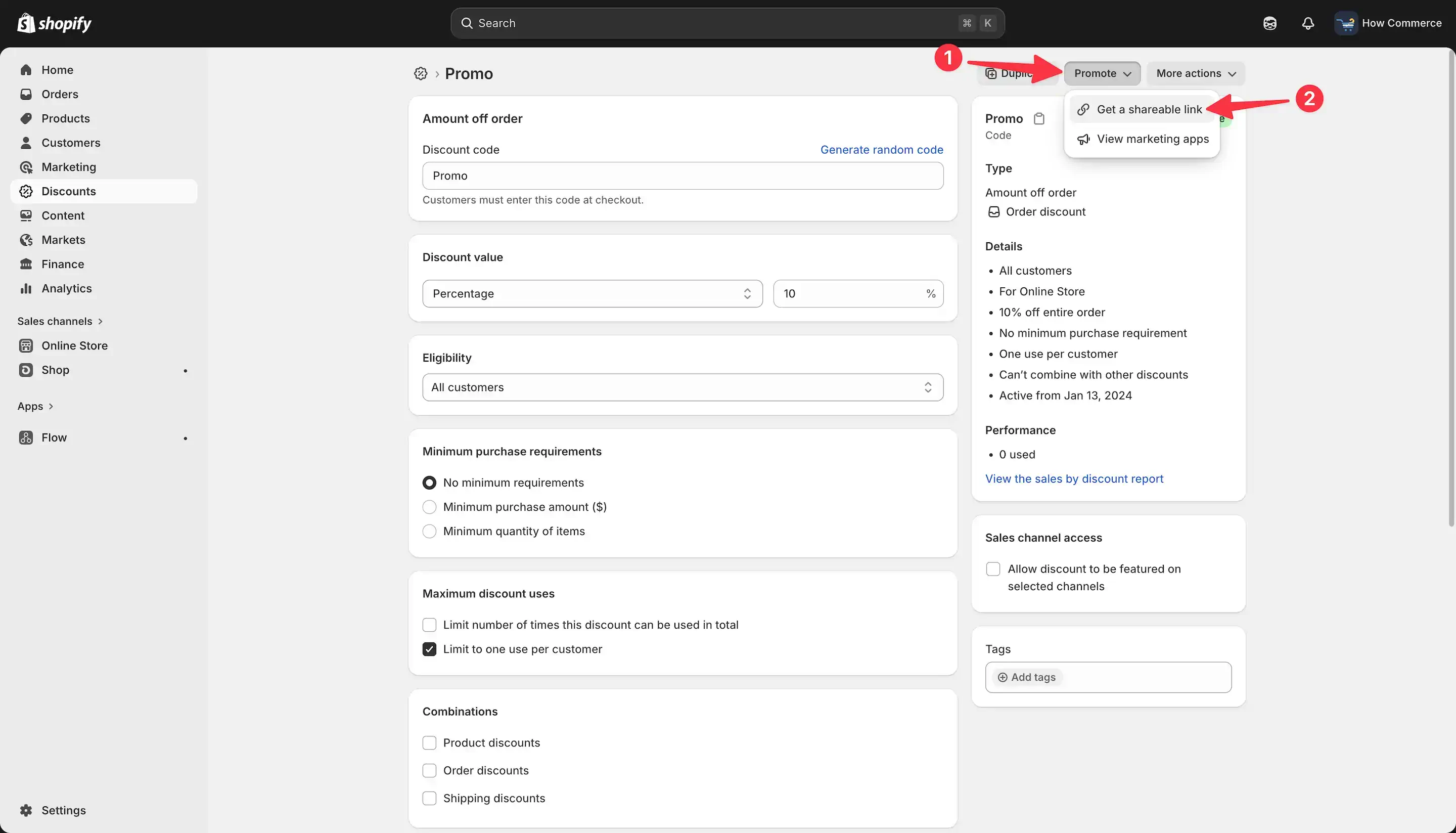 Shopify individual discount page with promote menu open