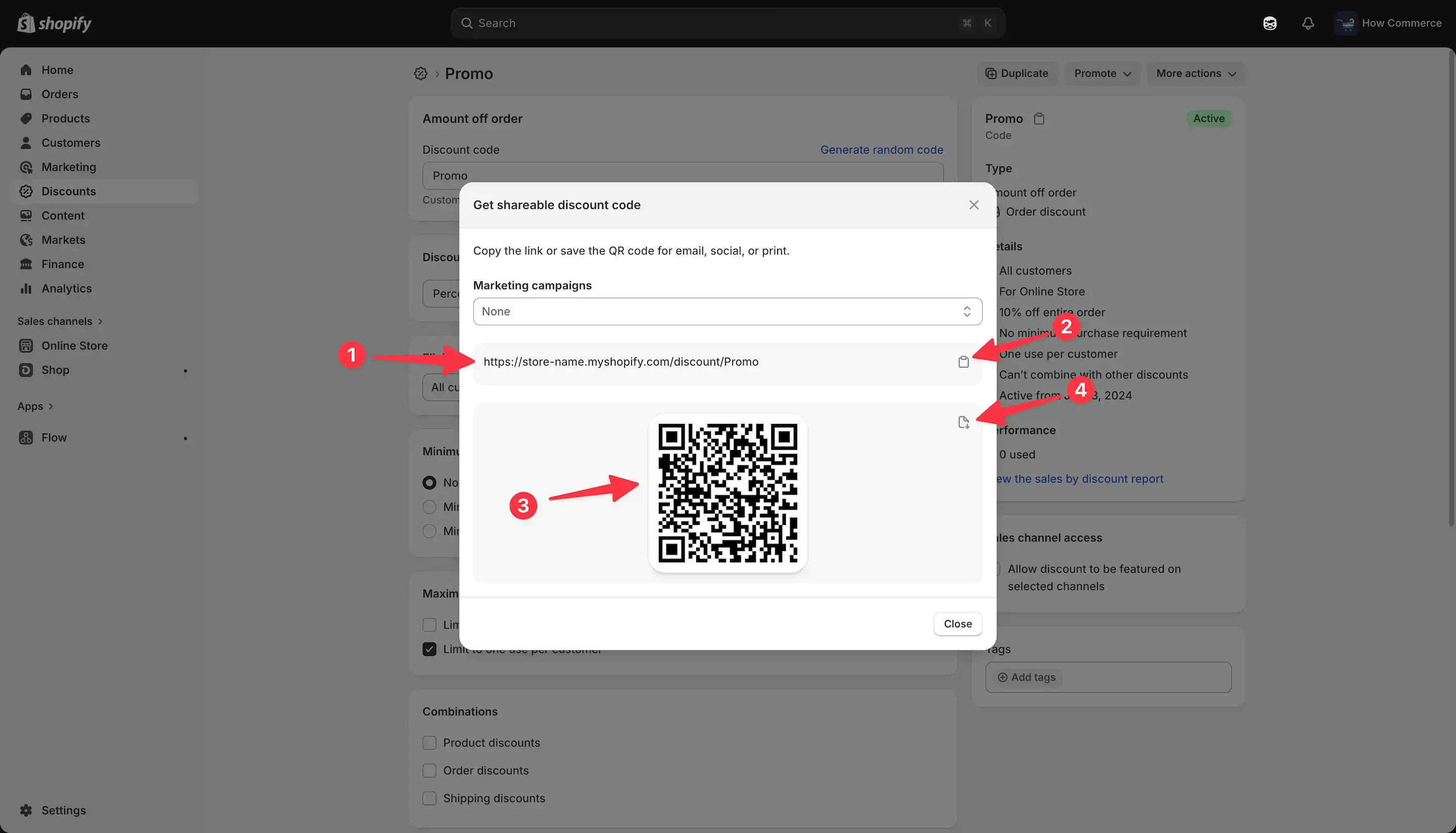 QR code modal displaying shareable discount URL and downloadable QR code