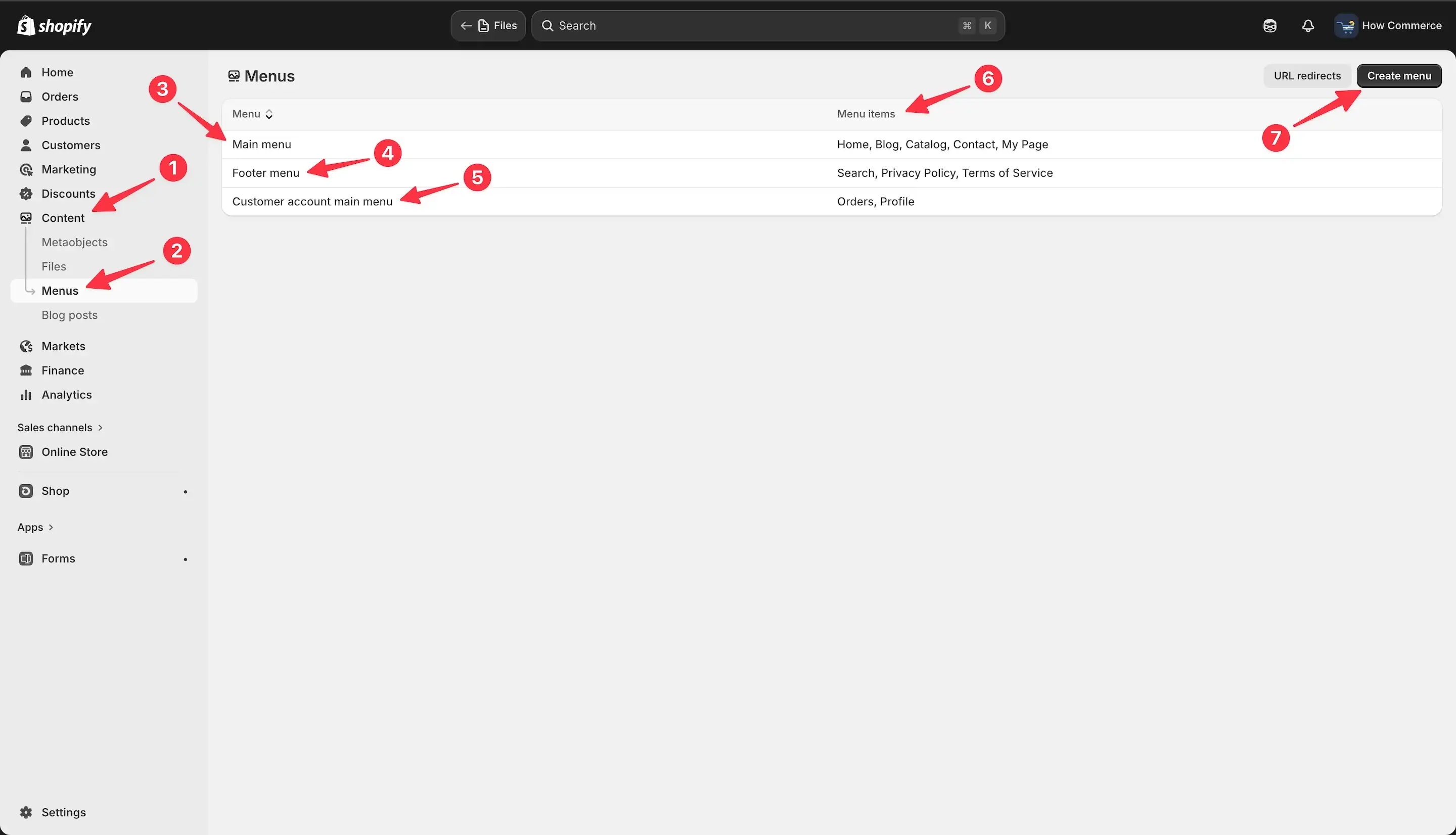 Shopify Menus listing page in admin