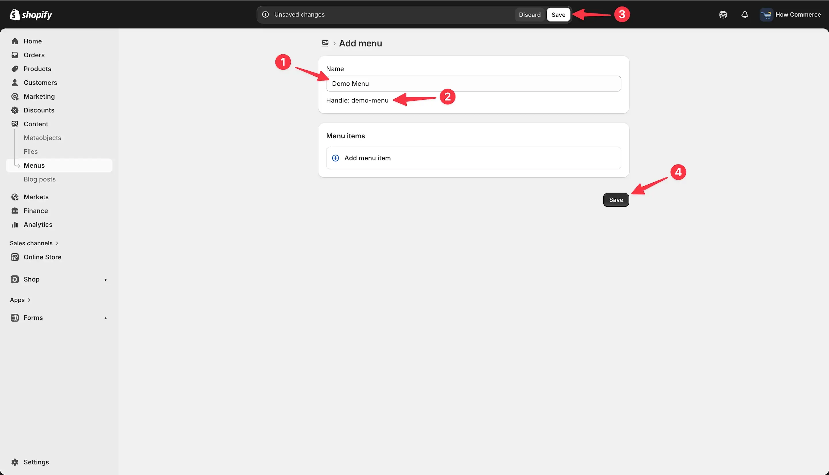 Menu title and handle added on menu in Shopify