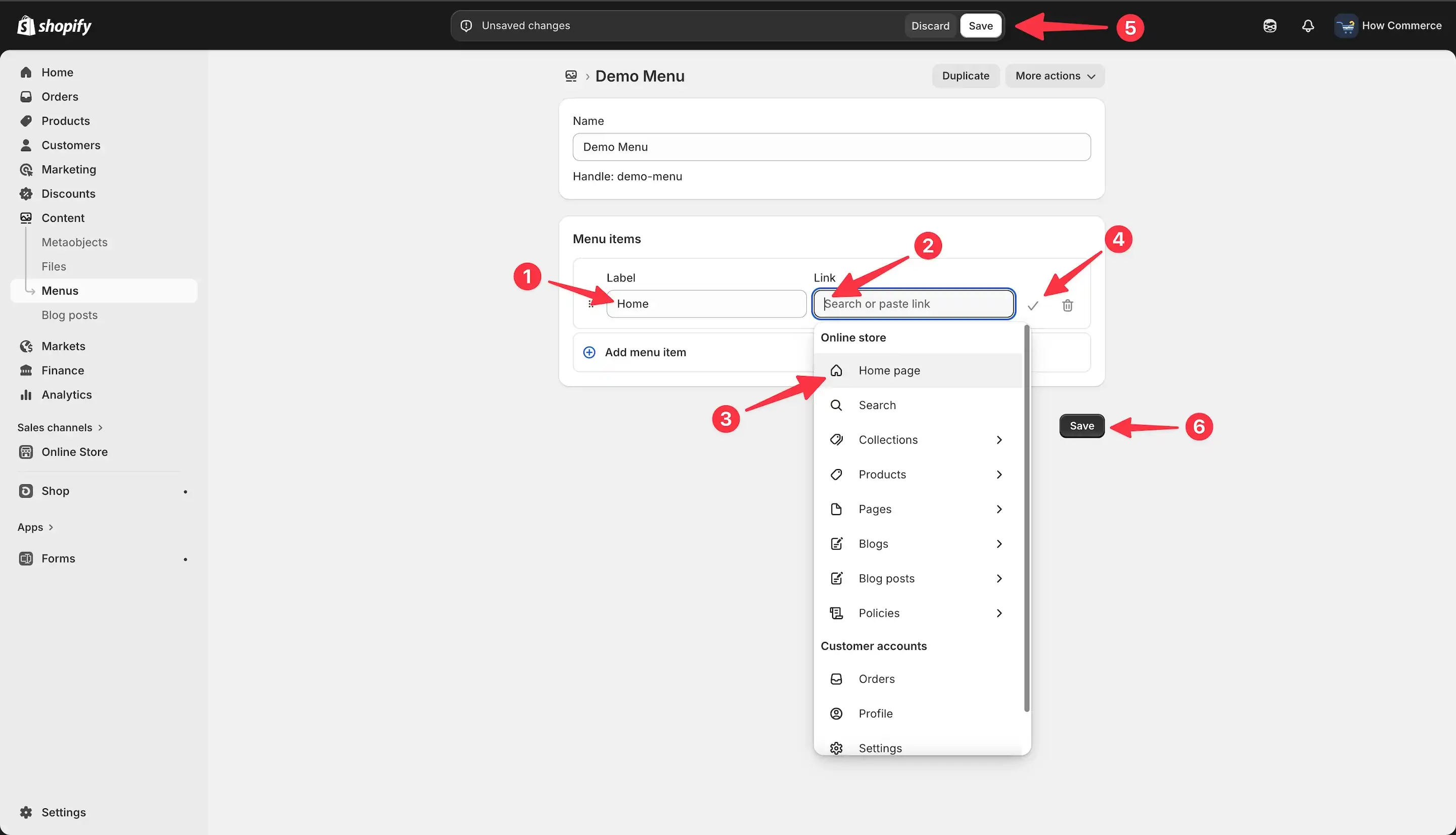 Add a new menu item inside a menu in Shopify