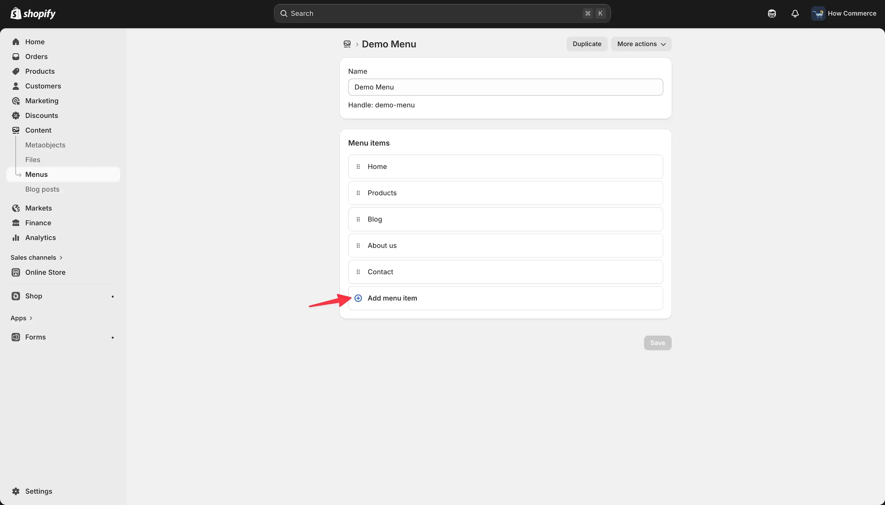 All menu items listed with options to add more
