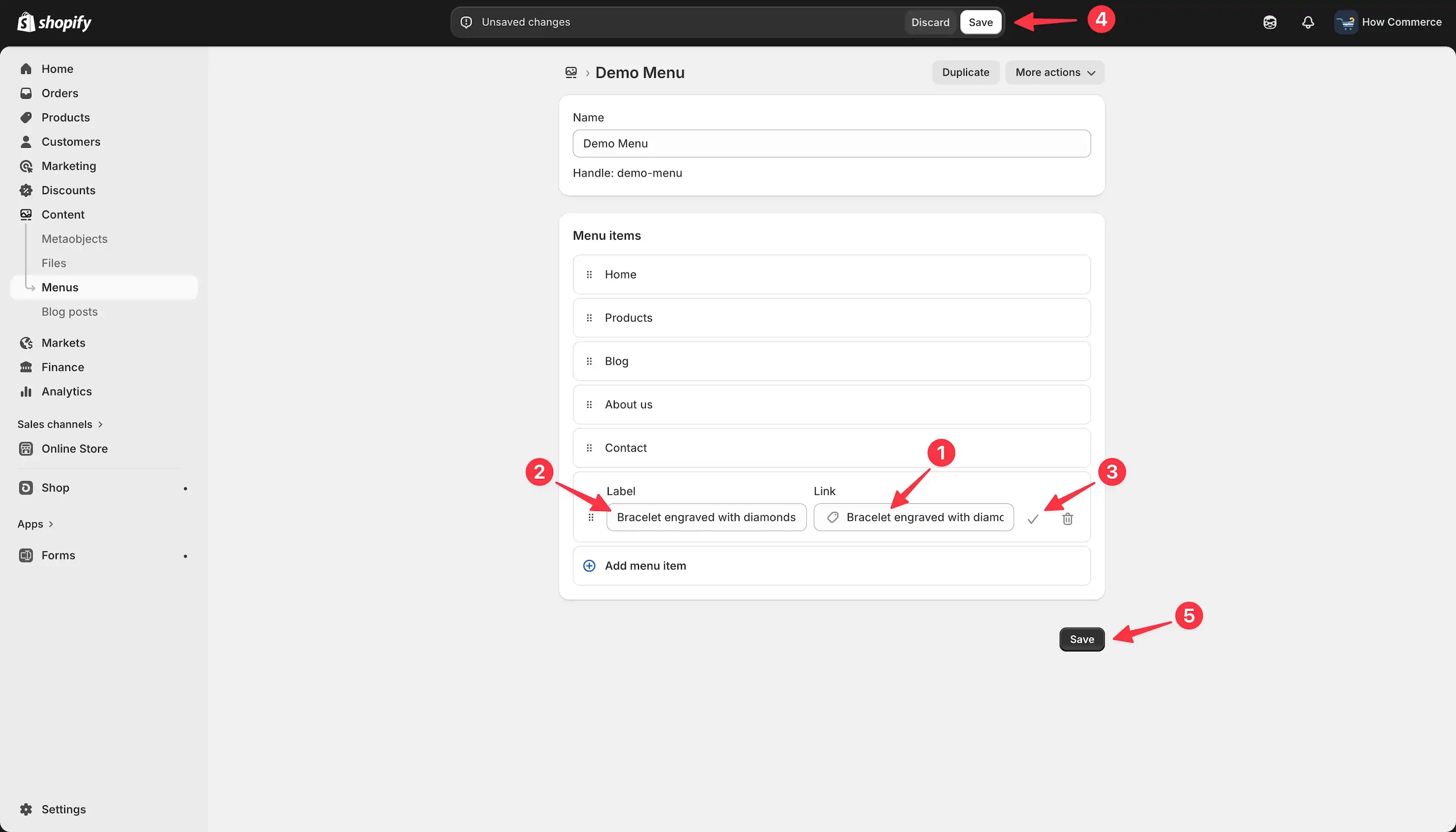 New menu item selected as a child or level 2 with label and link fields populated