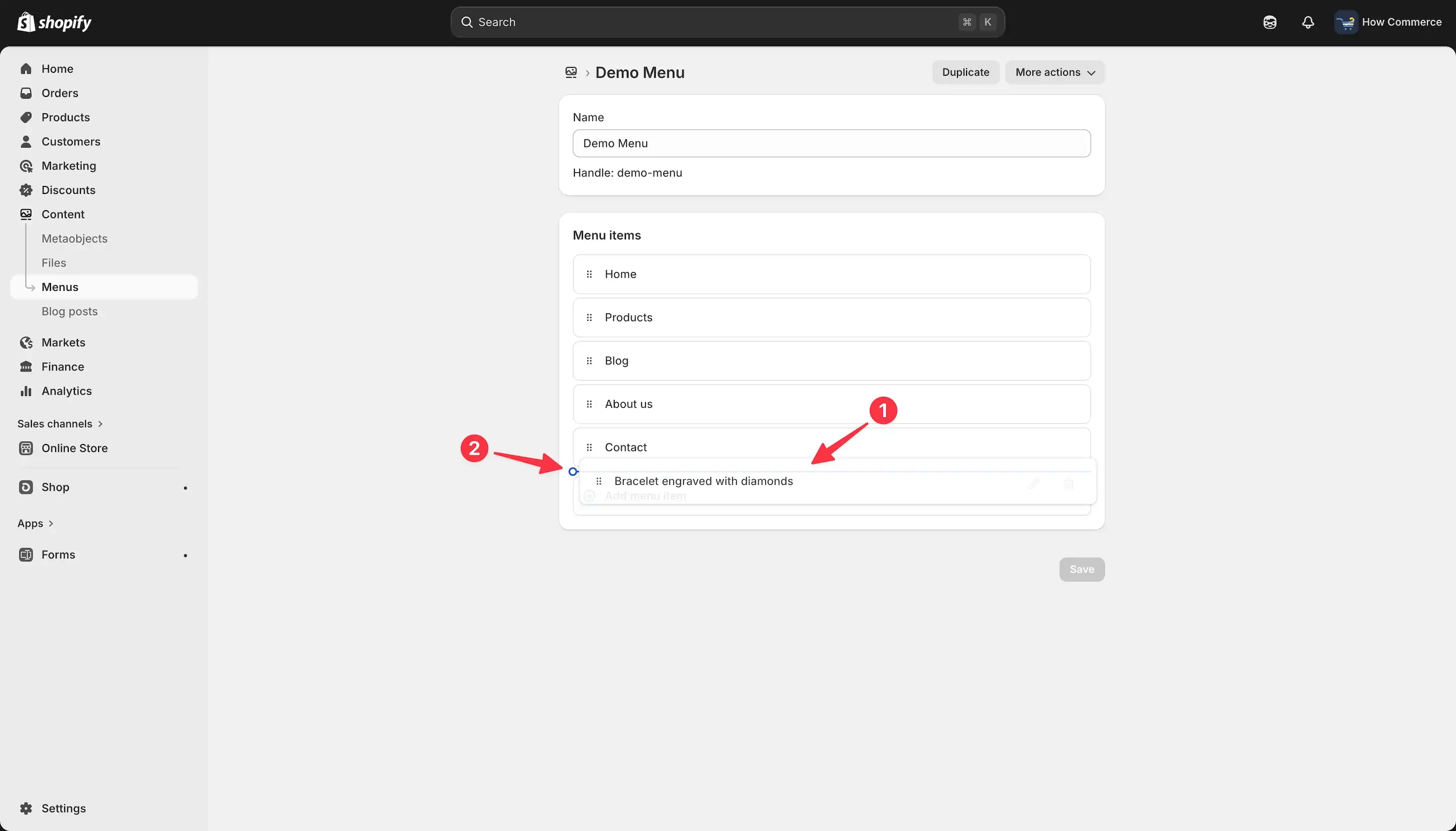 Drag and drop action on a menu item inside Shopify admin