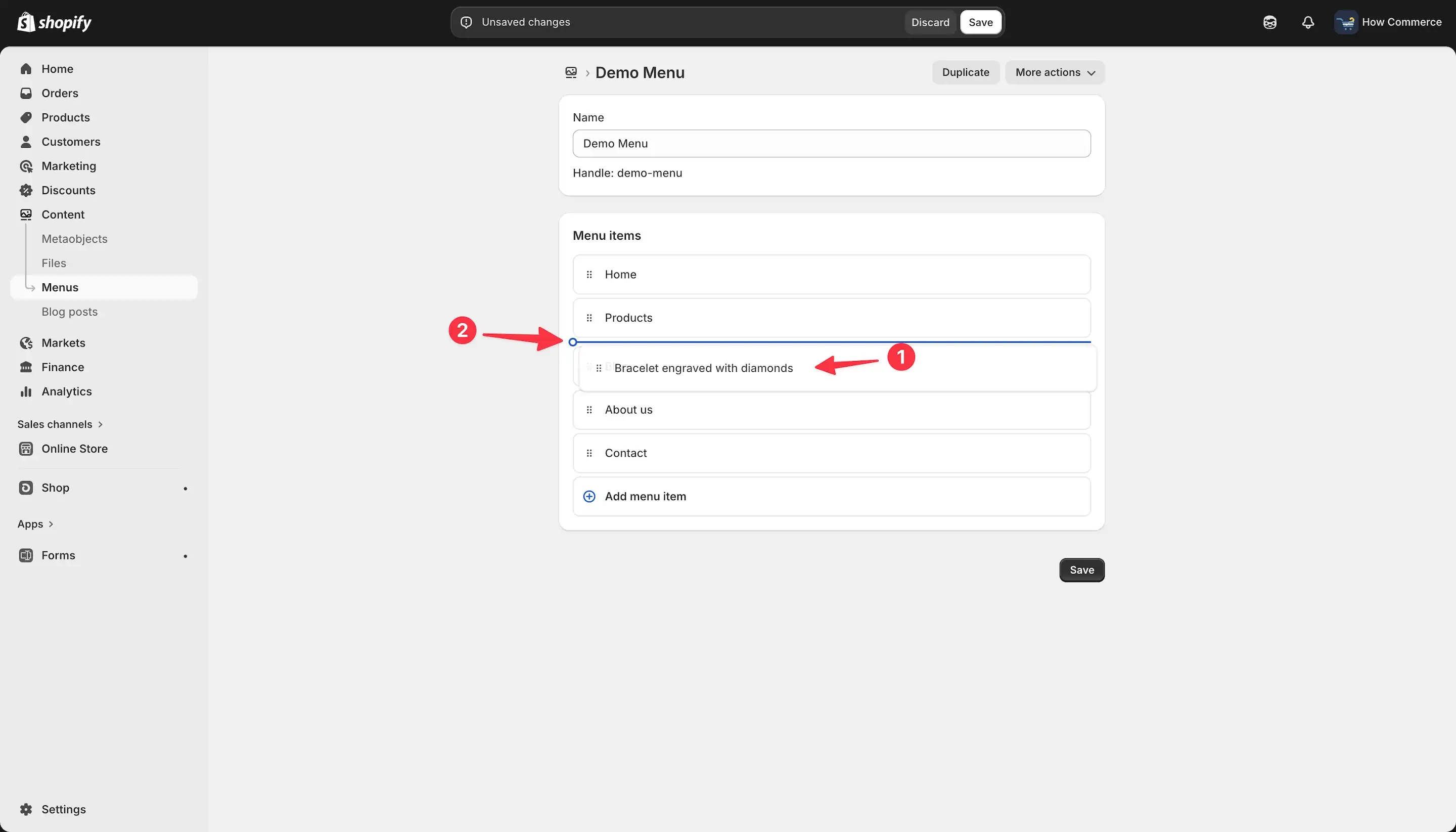 Placing a menu item inside Shopify admin under a parent menu item in order for it to become child or level 2