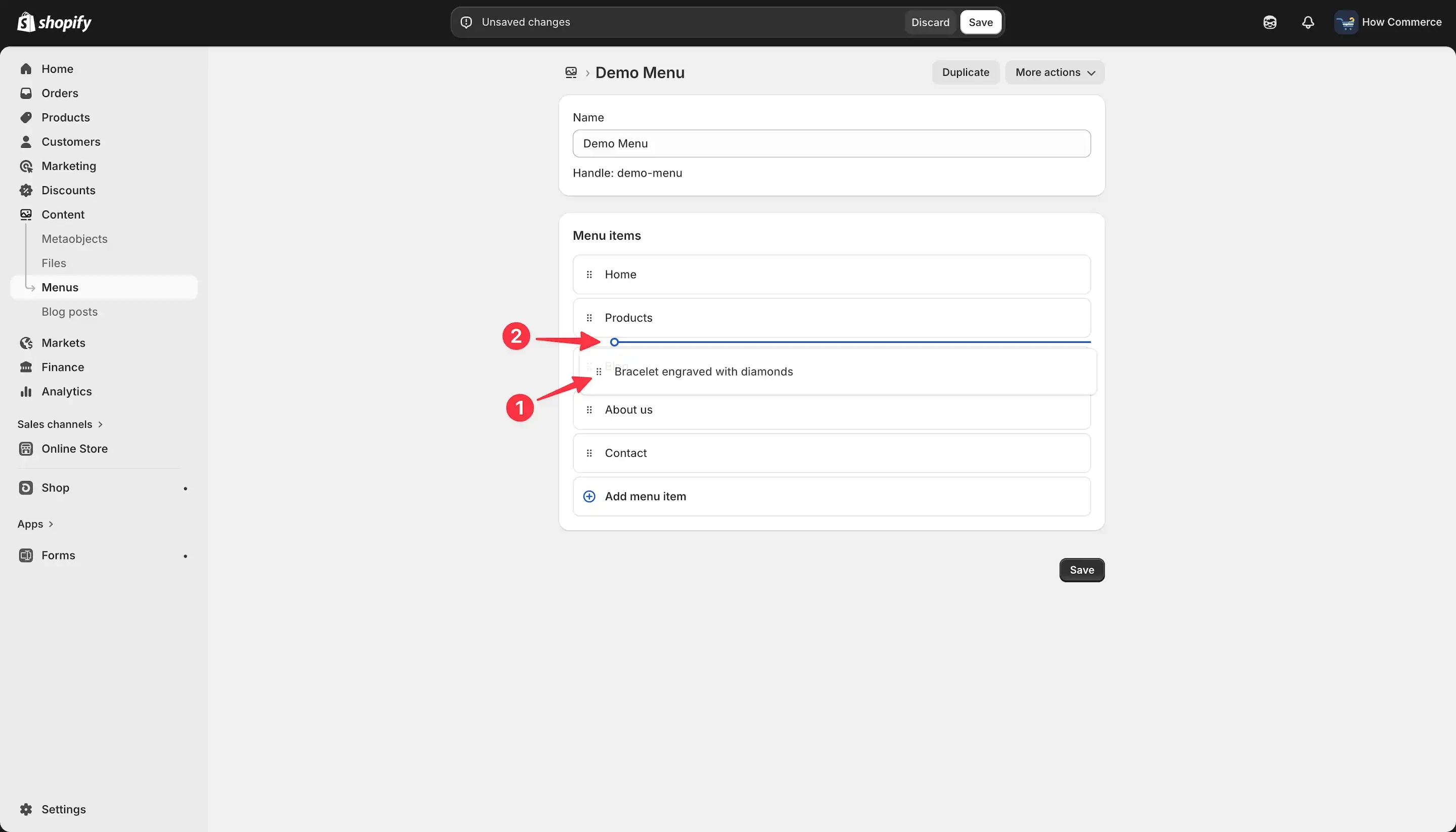 Placing a menu item inside Shopify admin to nest it under a parent menu item