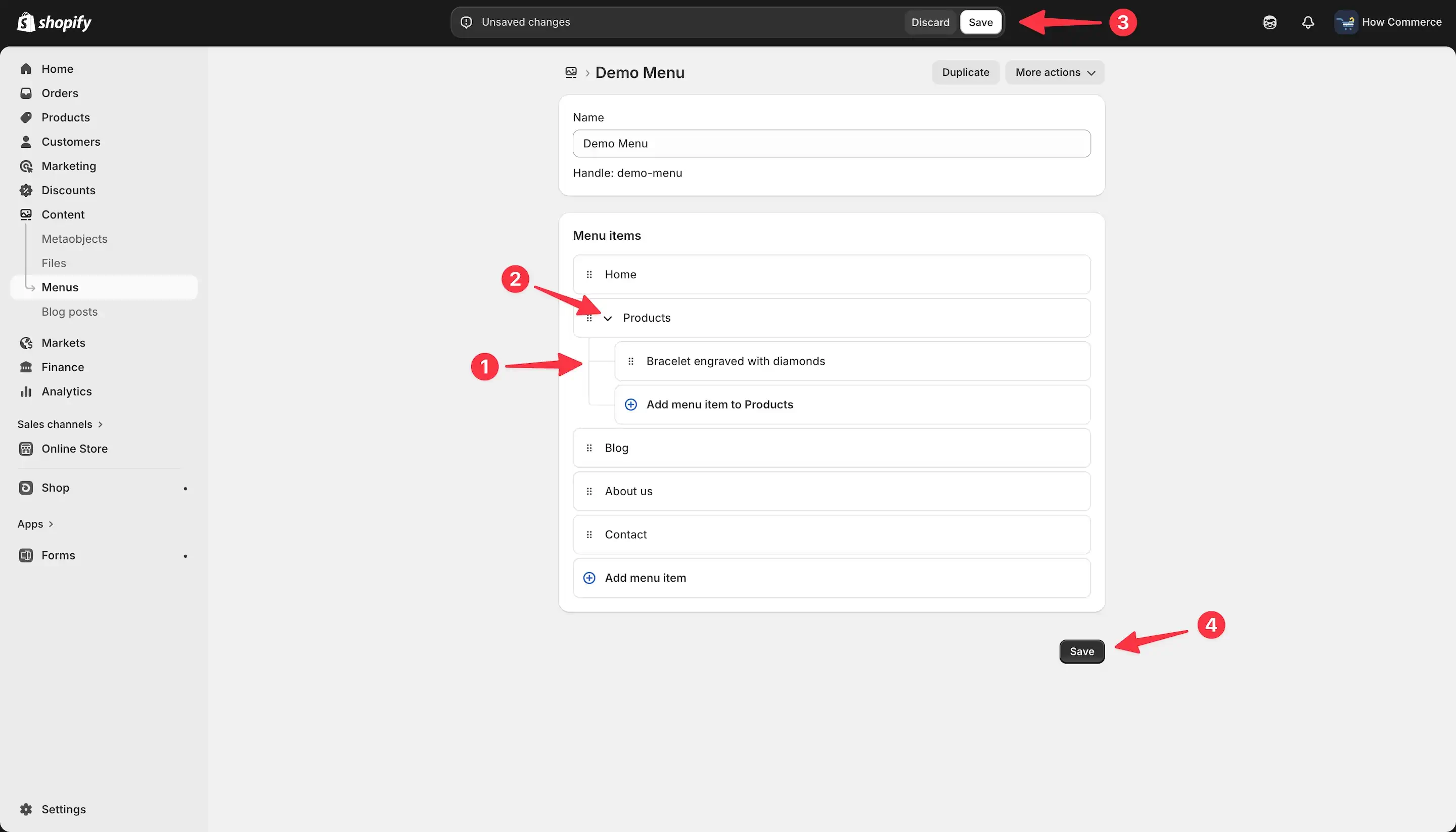 Menu item inside Shopify admin placed under a parent menu item to become child or level 2